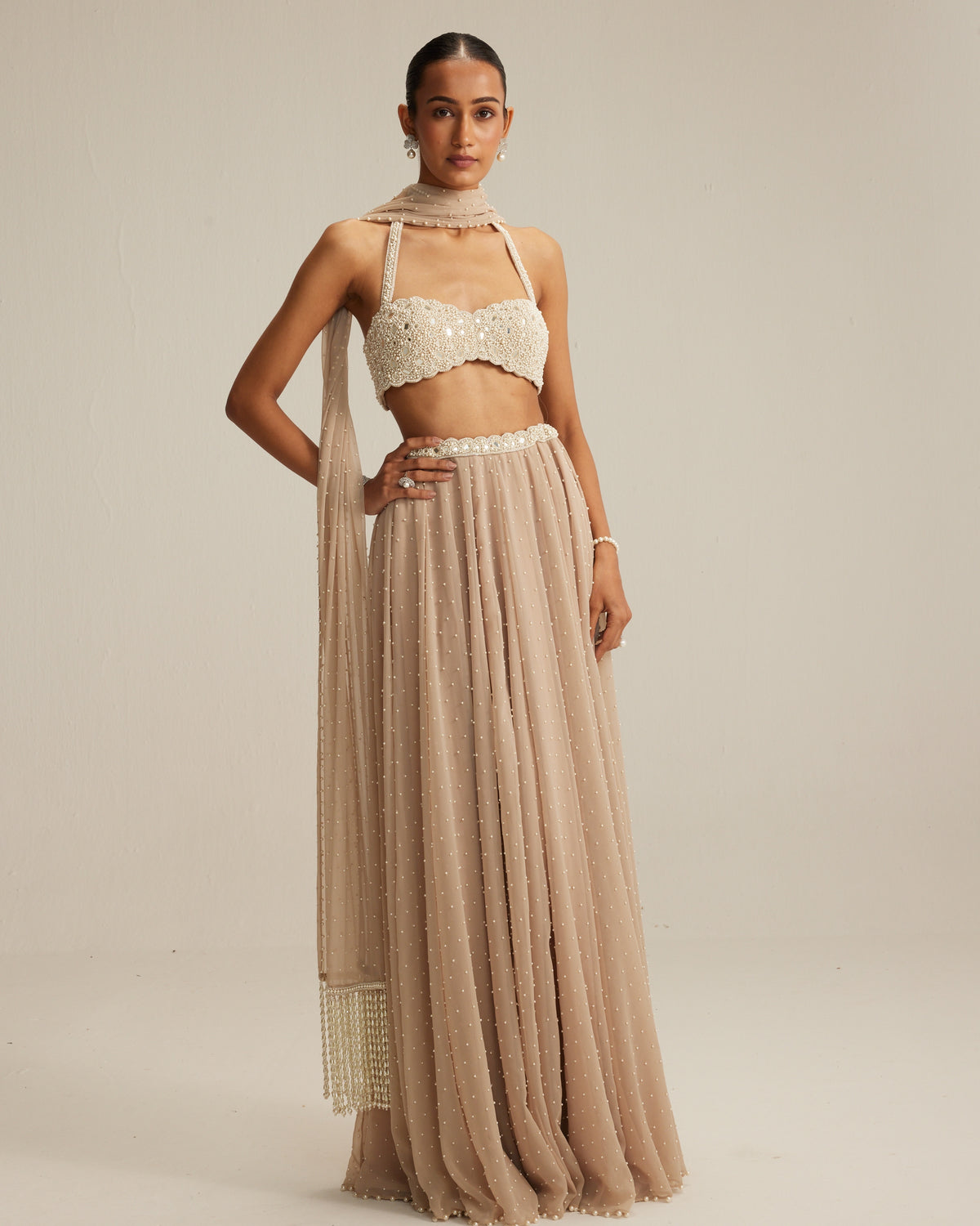 Light Beige Skirt Set With Halter Neck Blouse