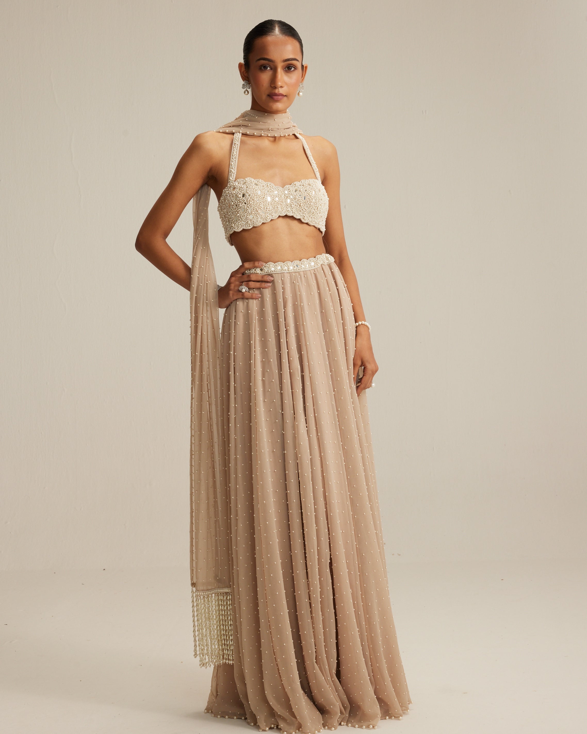 Light Beige Skirt Set With Halter Neck Blouse