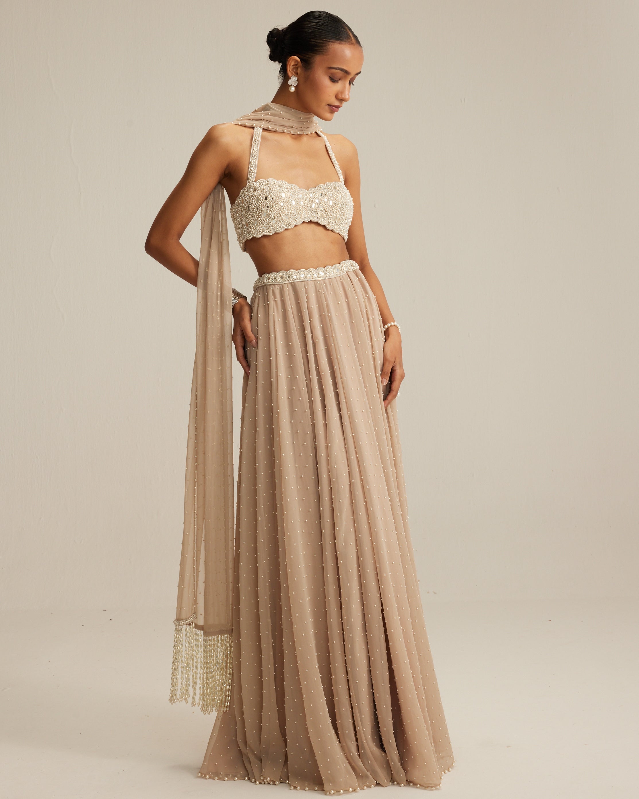 Light Beige Skirt Set With Halter Neck Blouse