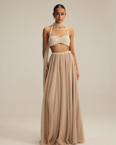 Light Beige Skirt Set With Halter Neck Blouse