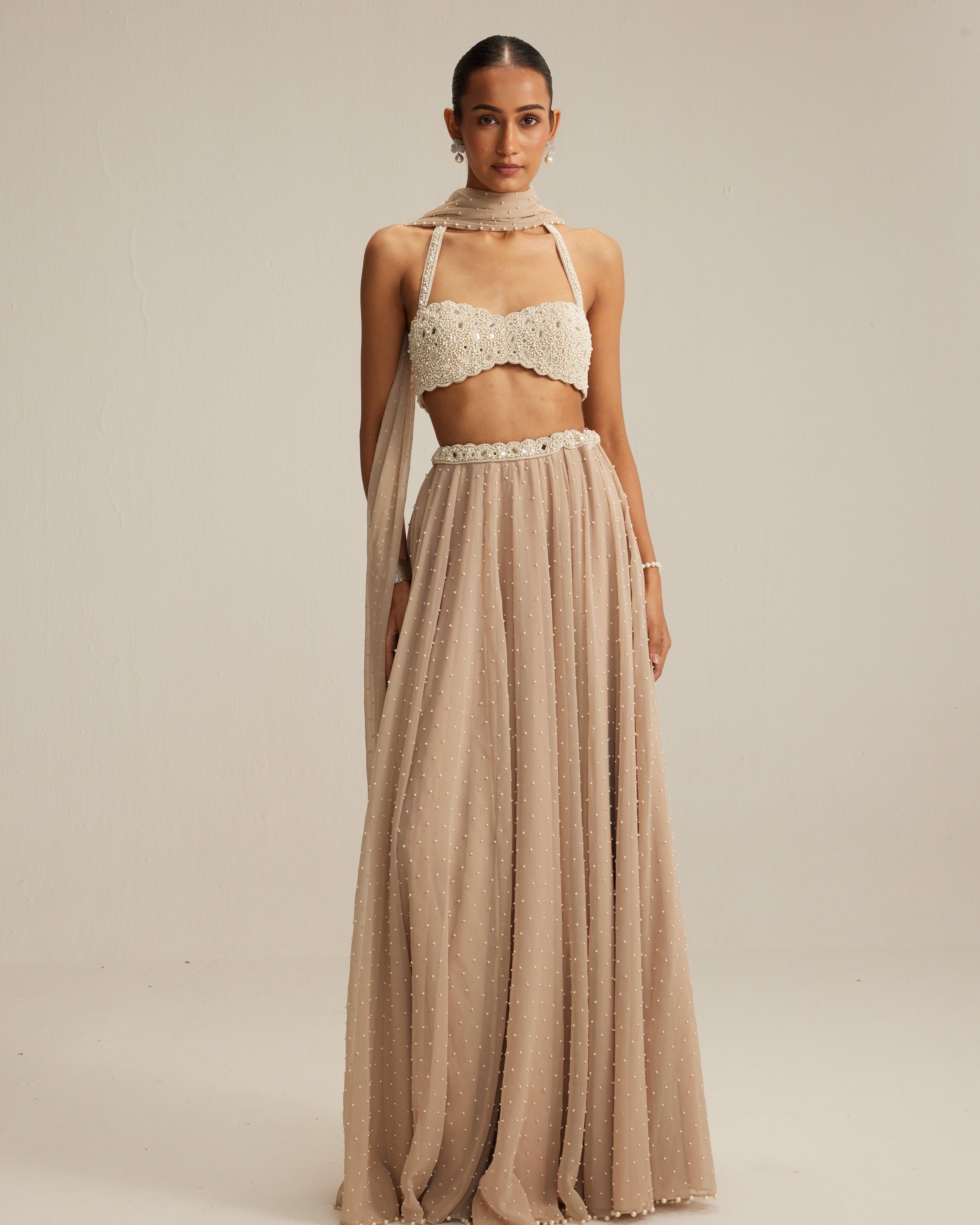 Light Beige Skirt Set With Halter Neck Blouse