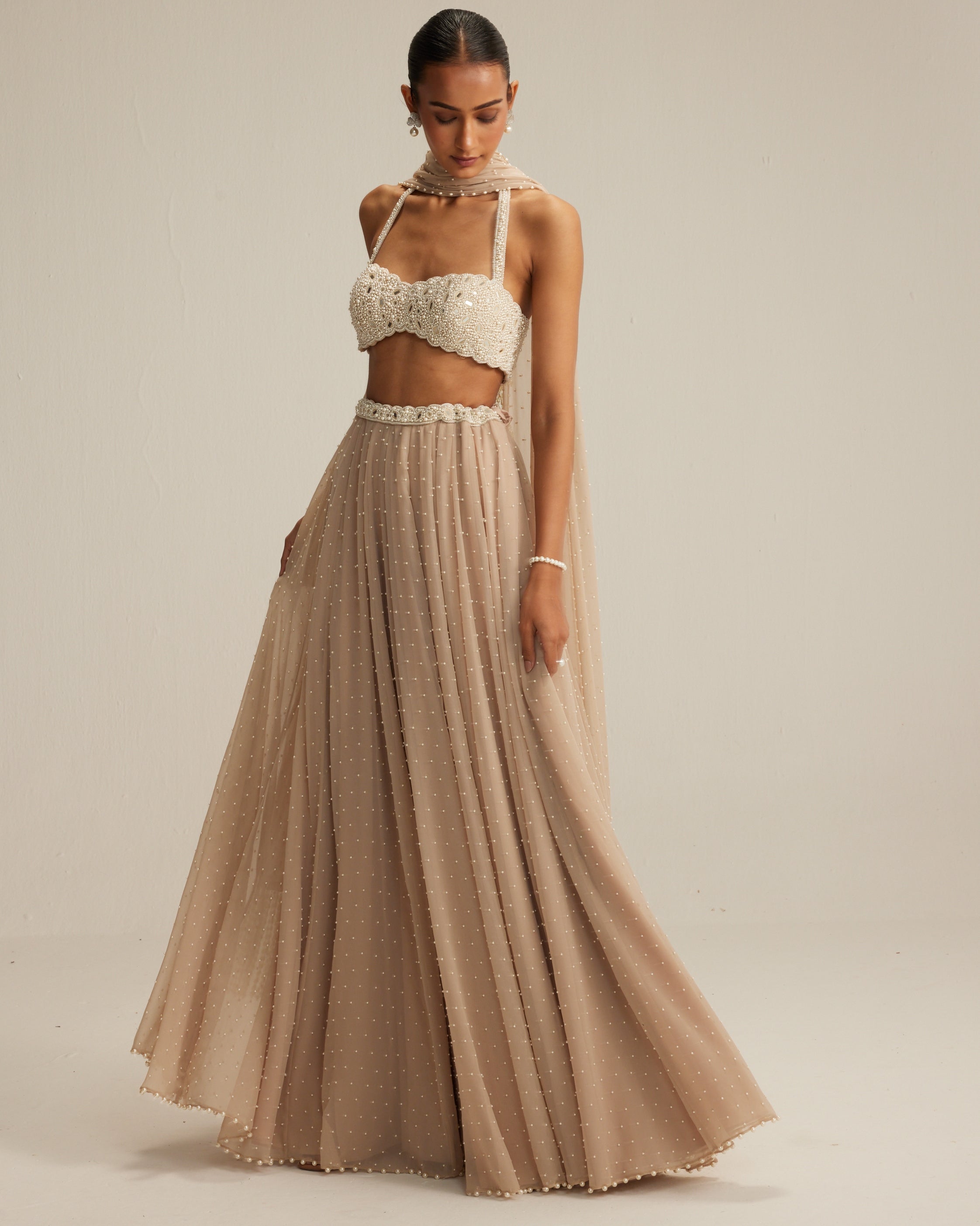 Light Beige Skirt Set With Halter Neck Blouse