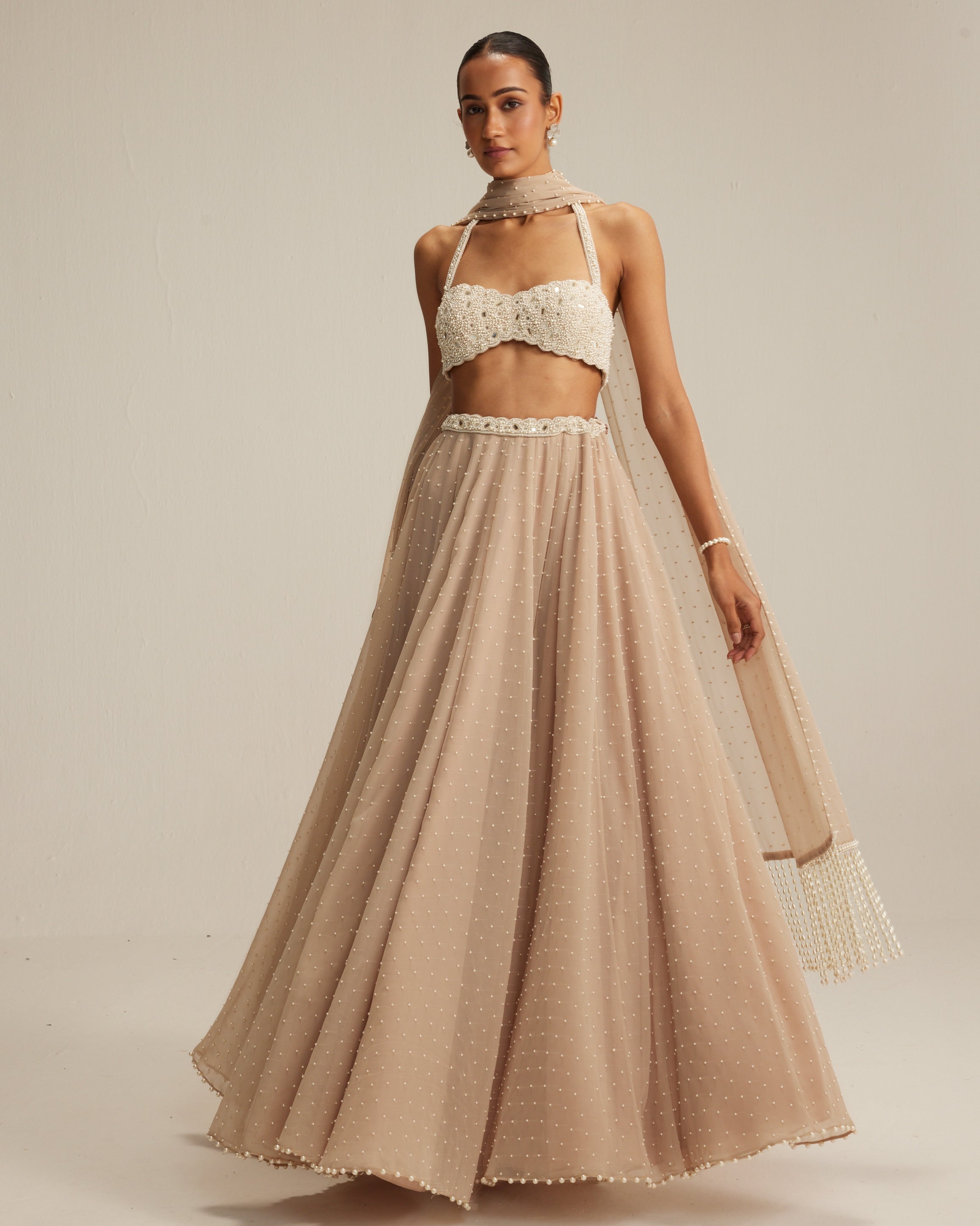 Light Beige Skirt Set With Halter Neck Blouse