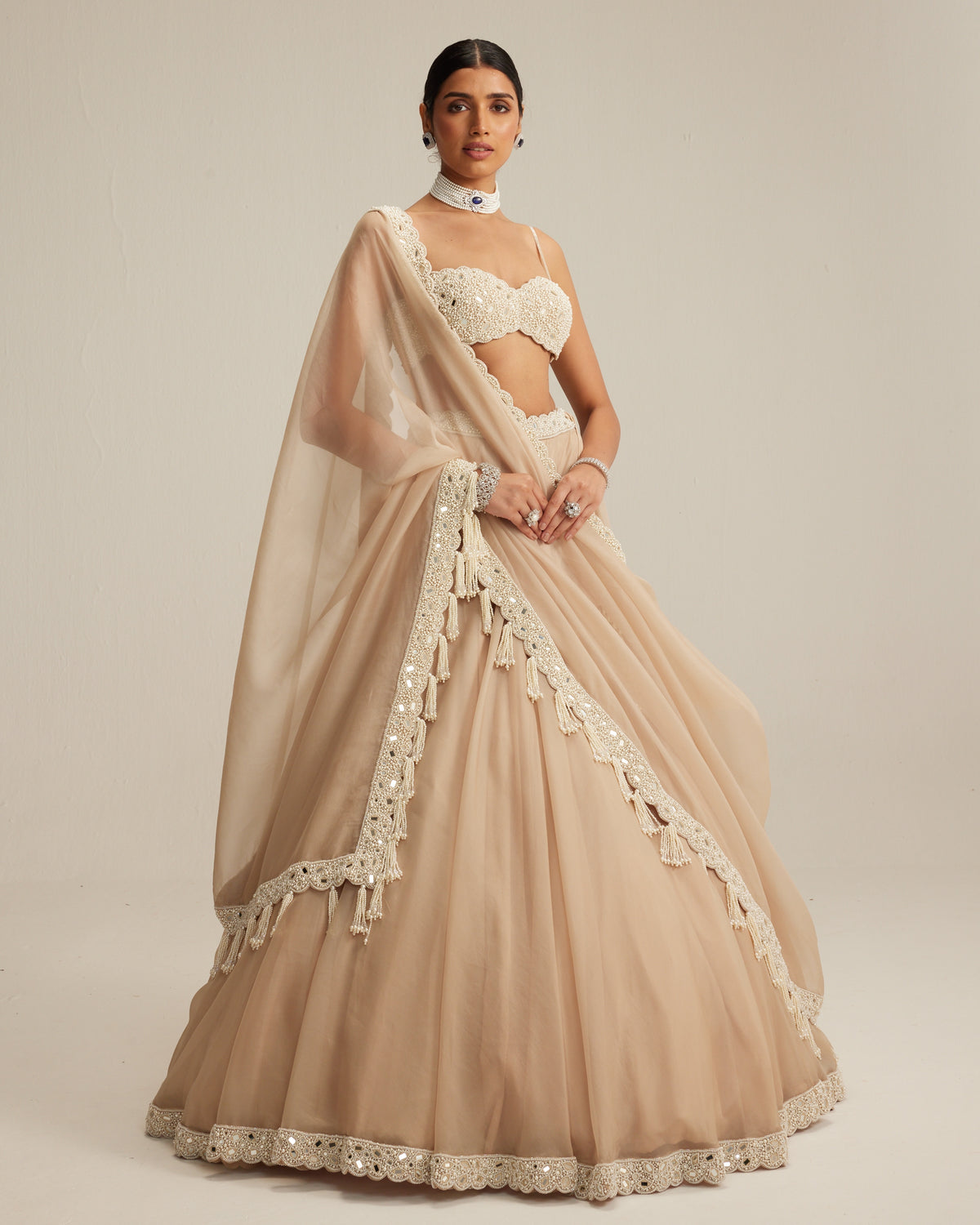 Light Beige Organza Mirror And Pearl Lehenga Set