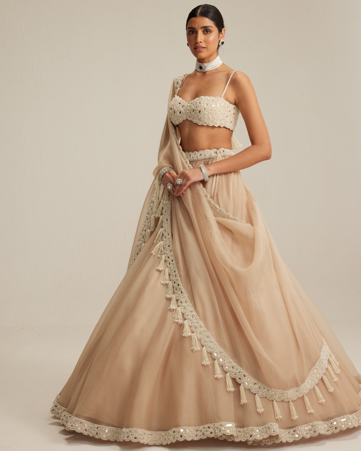 Light Beige Organza Mirror And Pearl Lehenga Set