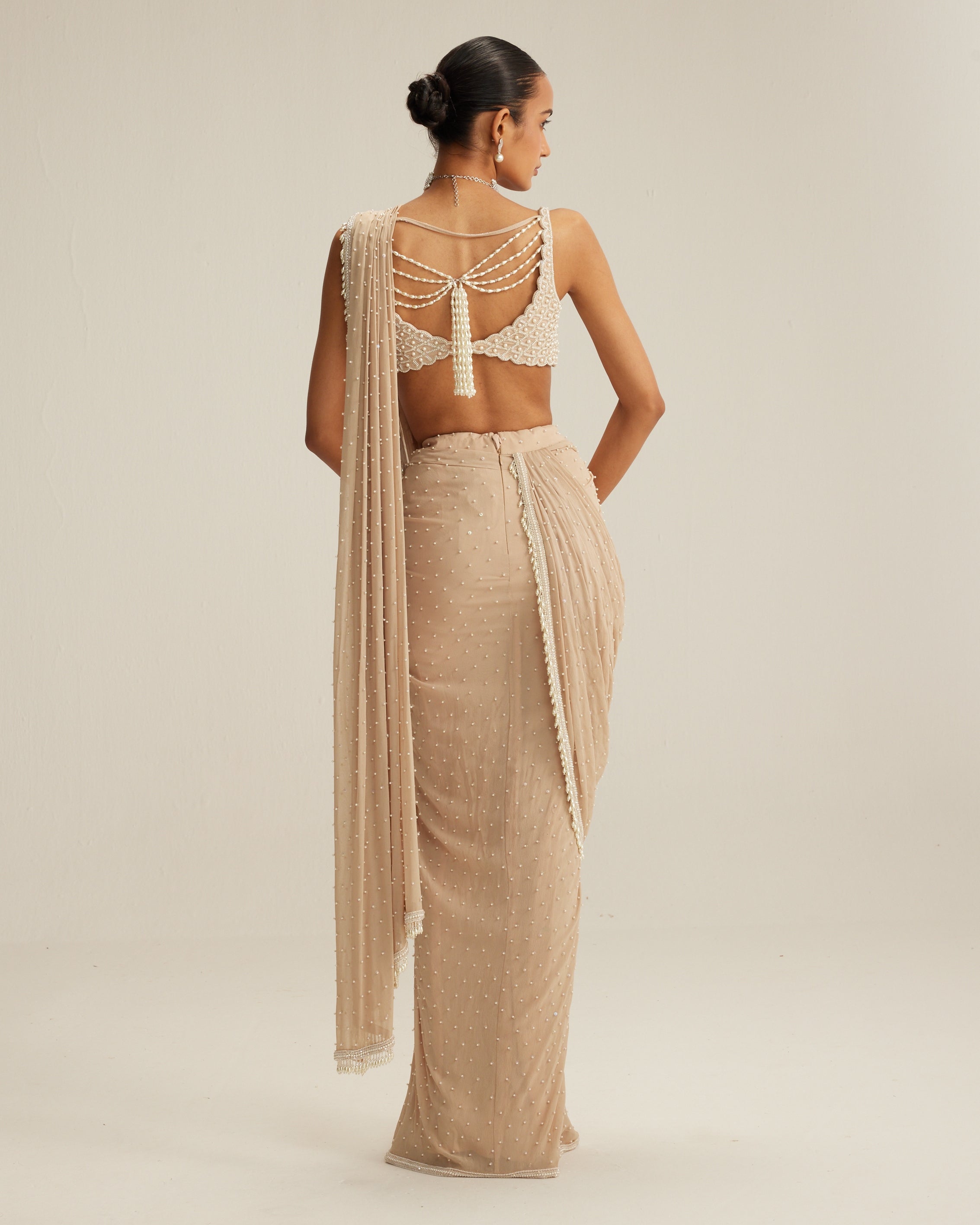Light Beige Draped Sari Set