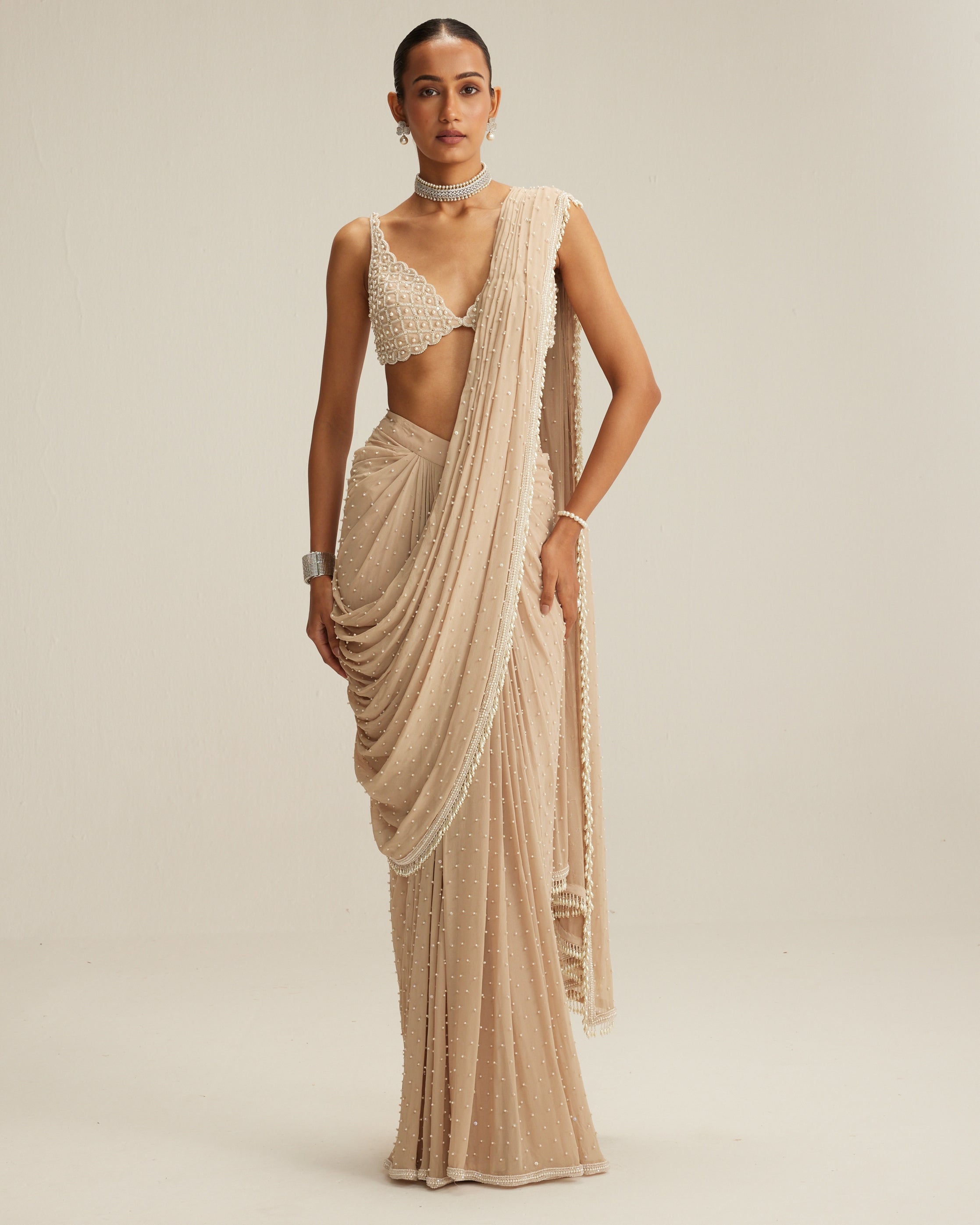 Light Beige Draped Sari Set