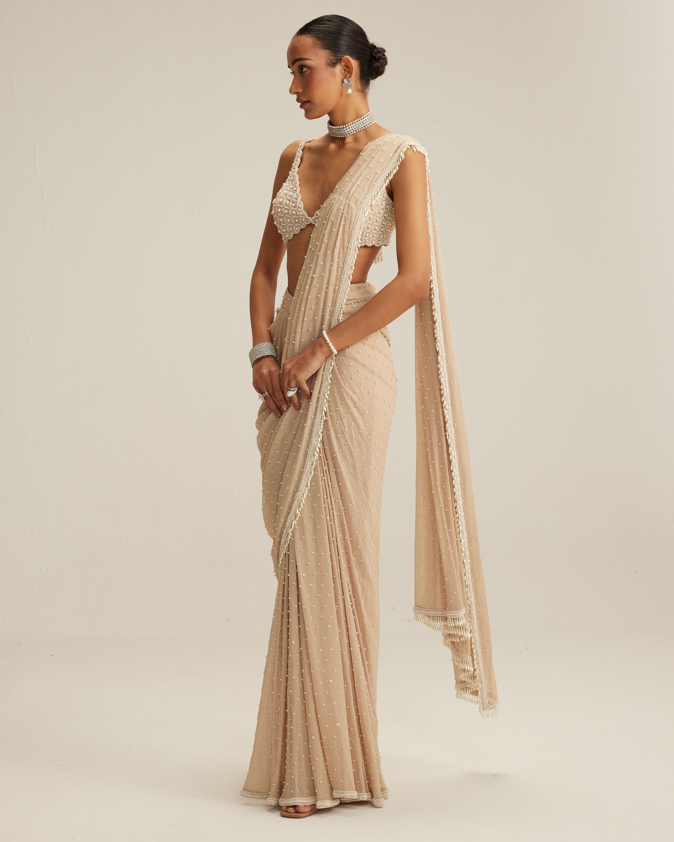 Light Beige Draped Sari Set