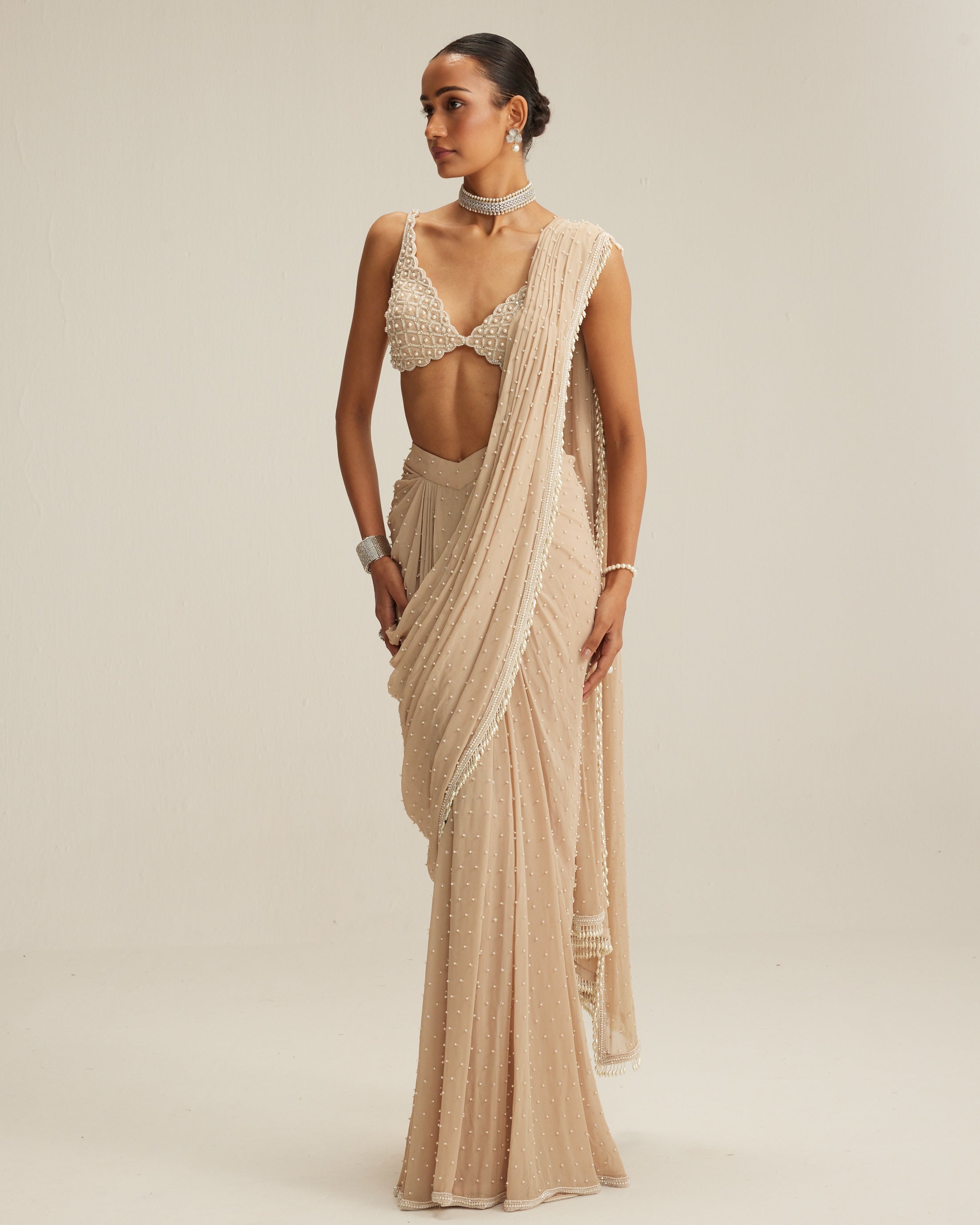 Light Beige Draped Sari Set
