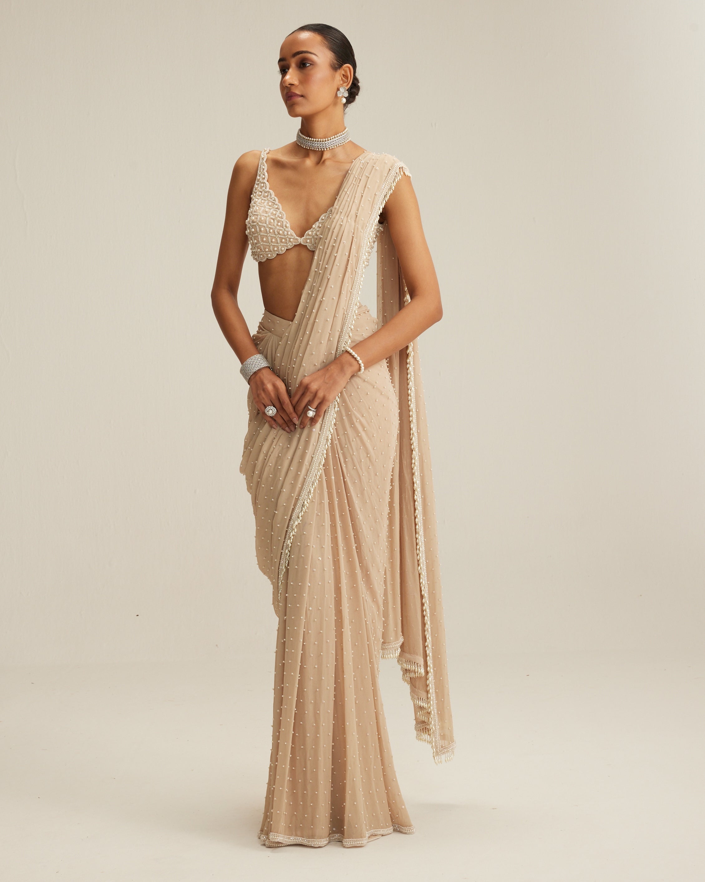 Light Beige Draped Sari Set