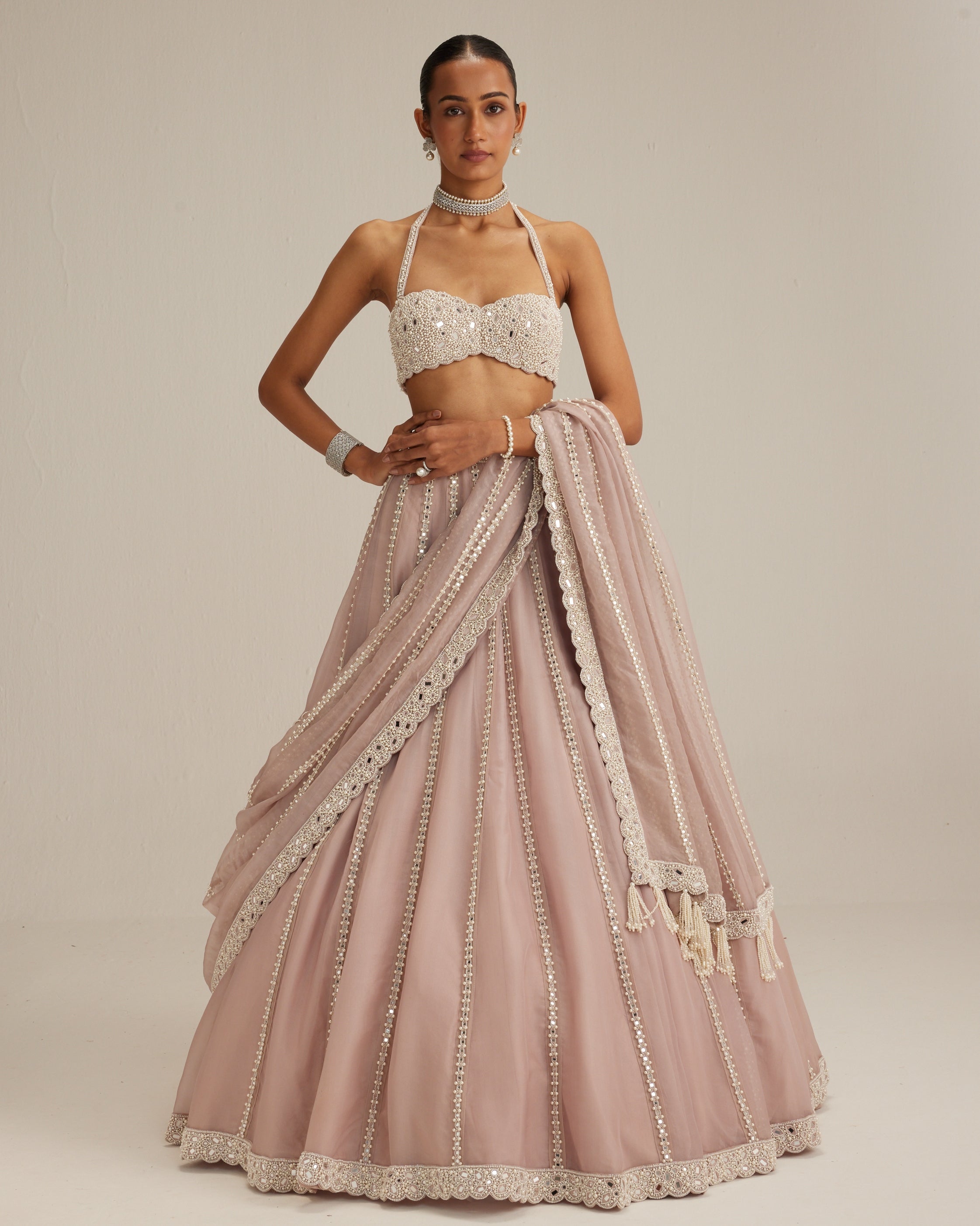 Ash Pink Linear Embroidered Organza Lehenga Set