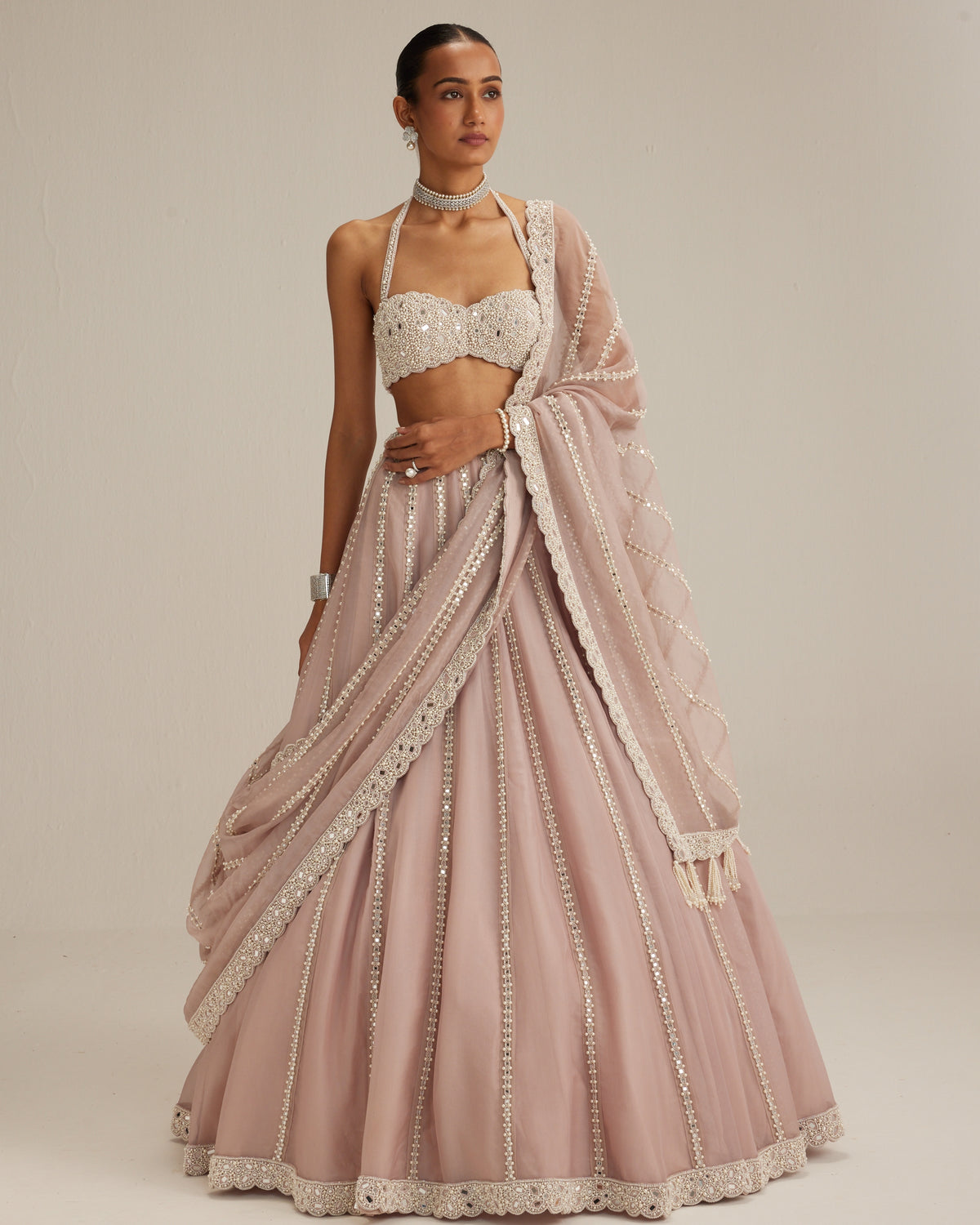 Ash Pink Linear Embroidered Organza Lehenga Set