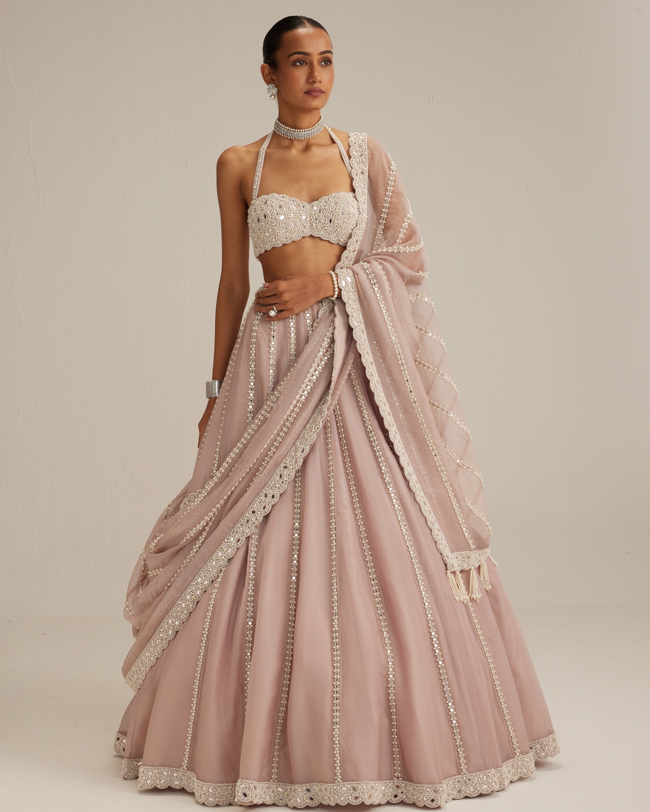 Ash Pink Linear Embroidered Organza Lehenga Set