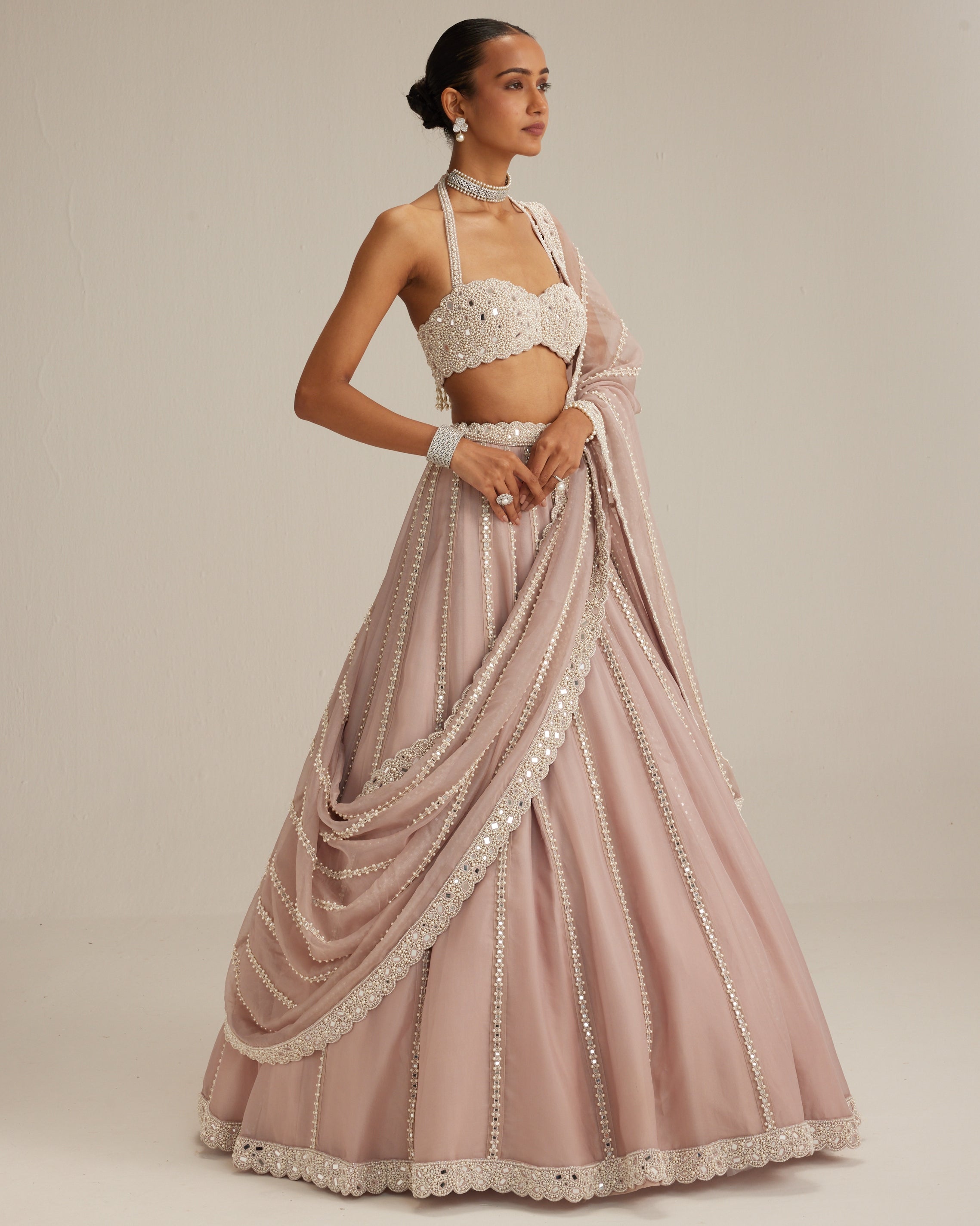 Ash Pink Linear Embroidered Organza Lehenga Set