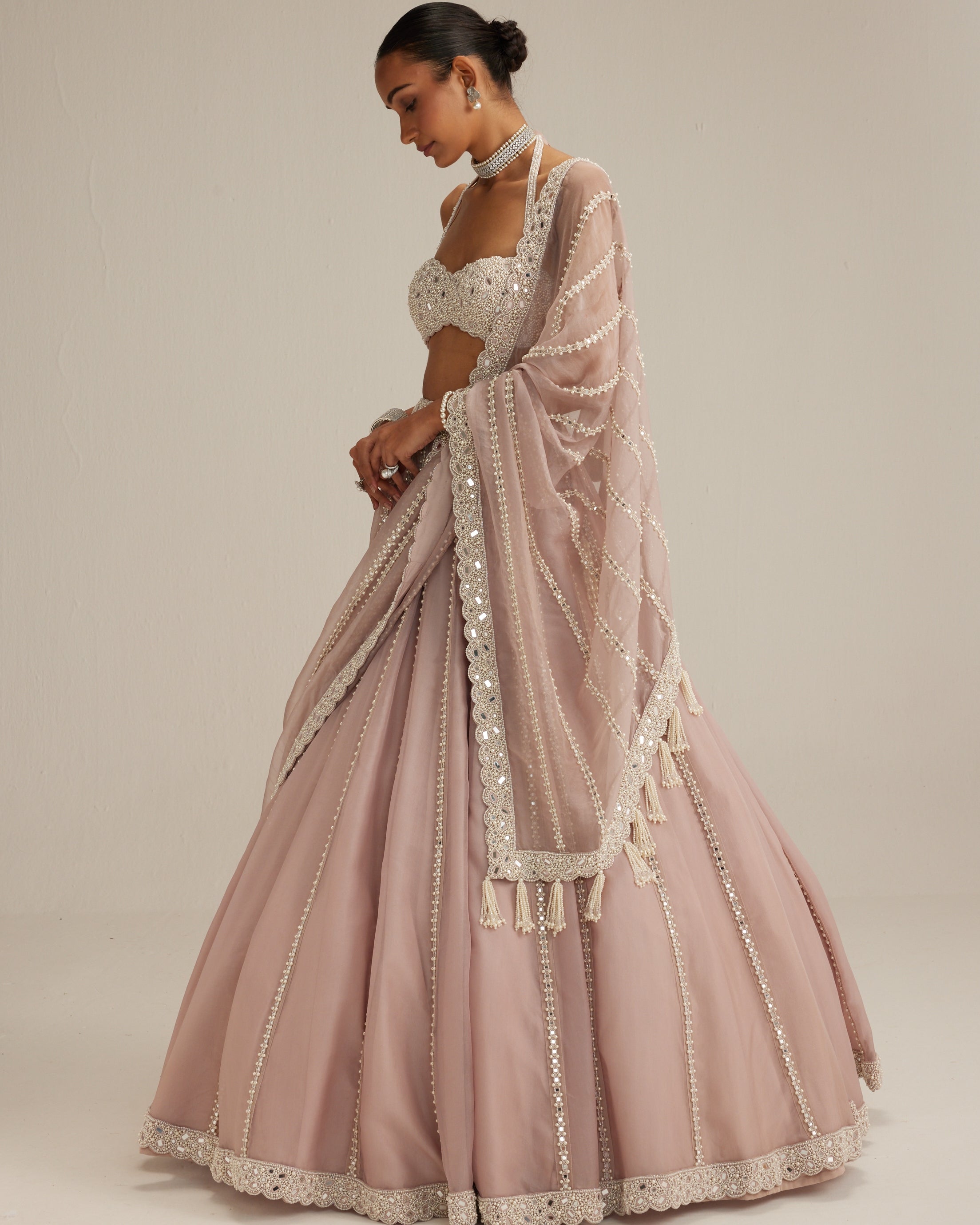 Ash Pink Linear Embroidered Organza Lehenga Set