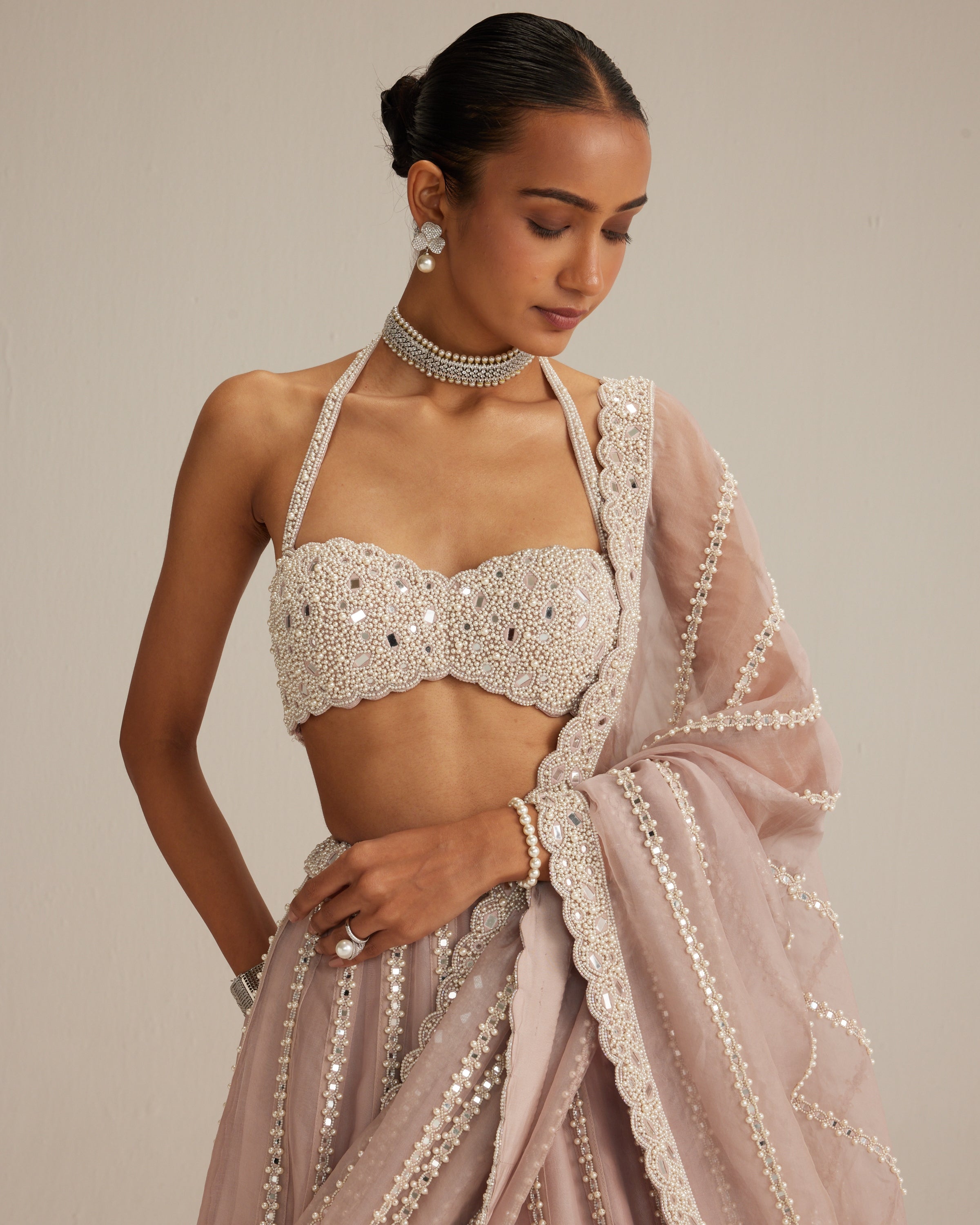 Ash Pink Linear Embroidered Organza Lehenga Set