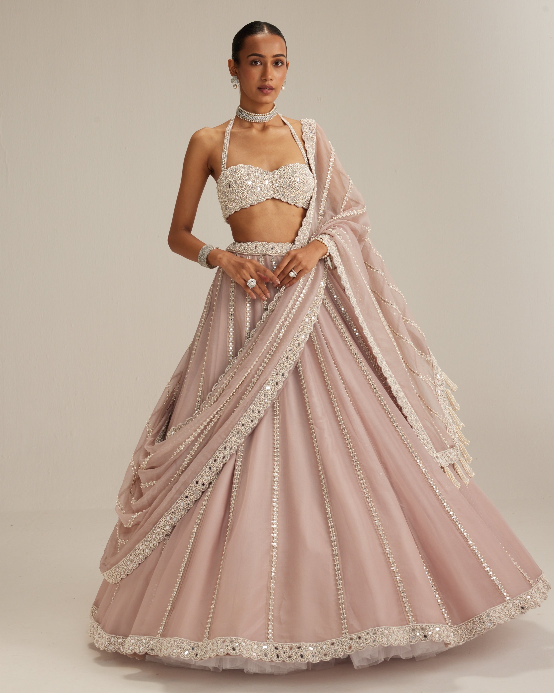 Ash Pink Linear Embroidered Organza Lehenga Set