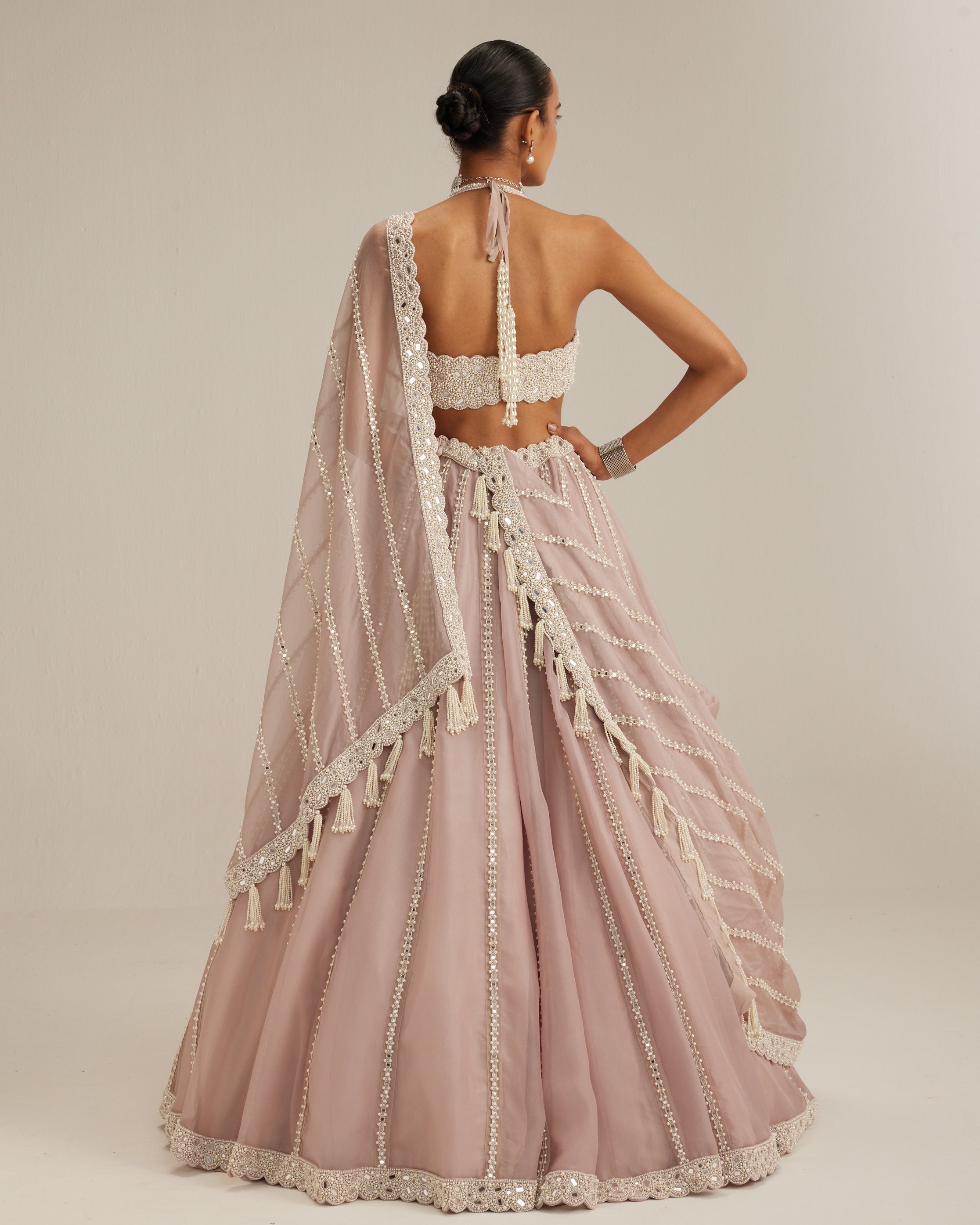 Ash Pink Linear Embroidered Organza Lehenga Set