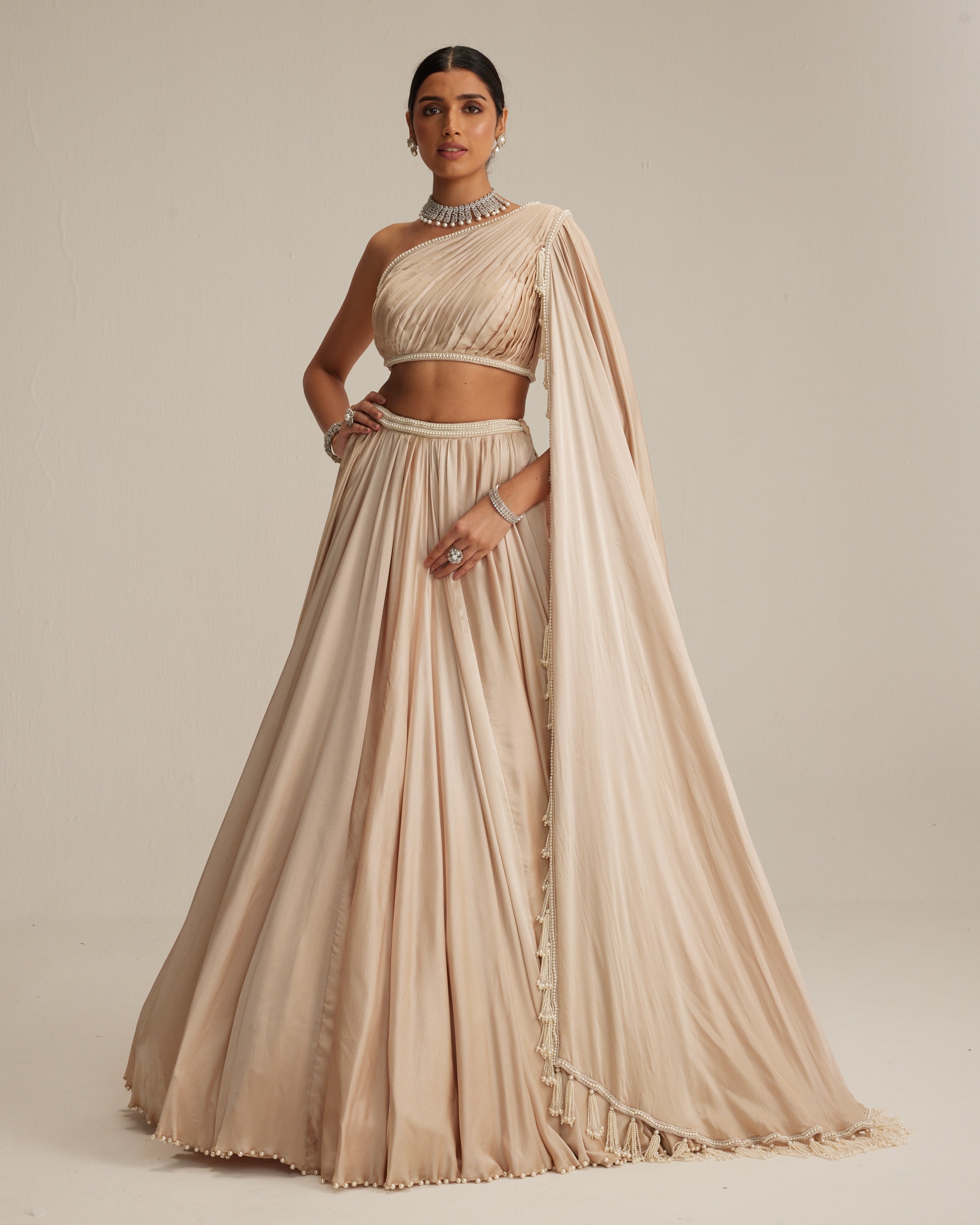 Light Beige Satin Lehenga Set