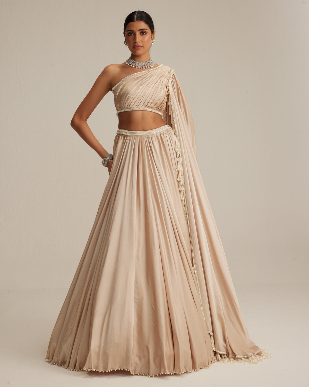 Light Beige Satin Lehenga Set