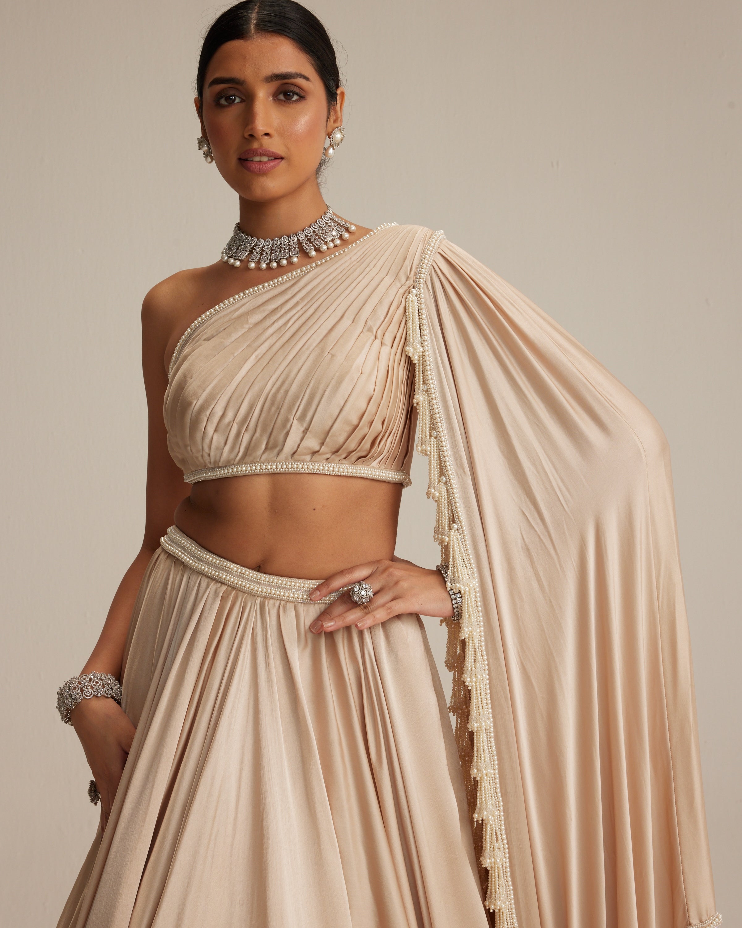 Light Beige Satin Lehenga Set