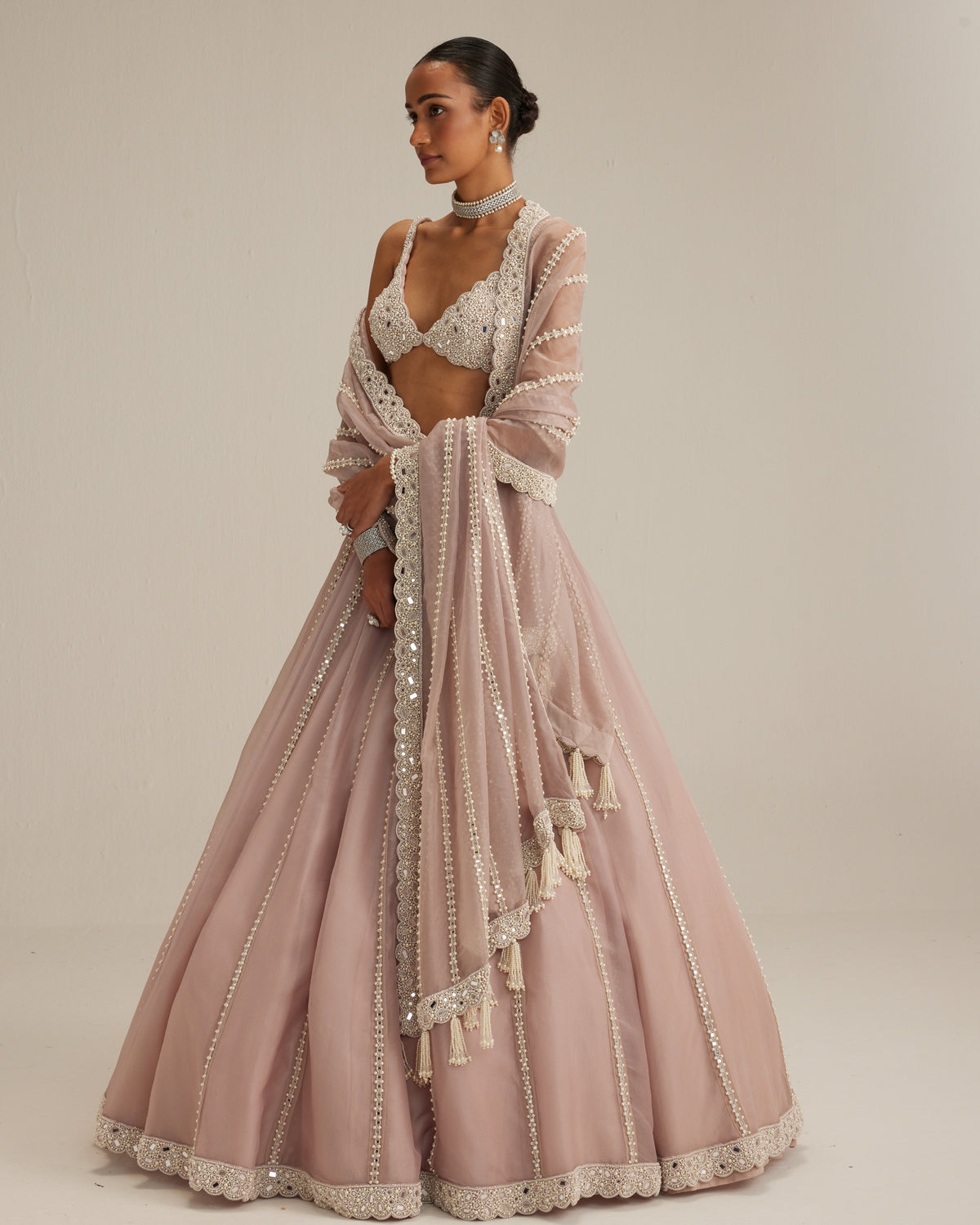 Ash Pink Pearl Mirror Linear Lehenga With V Neck Blouse