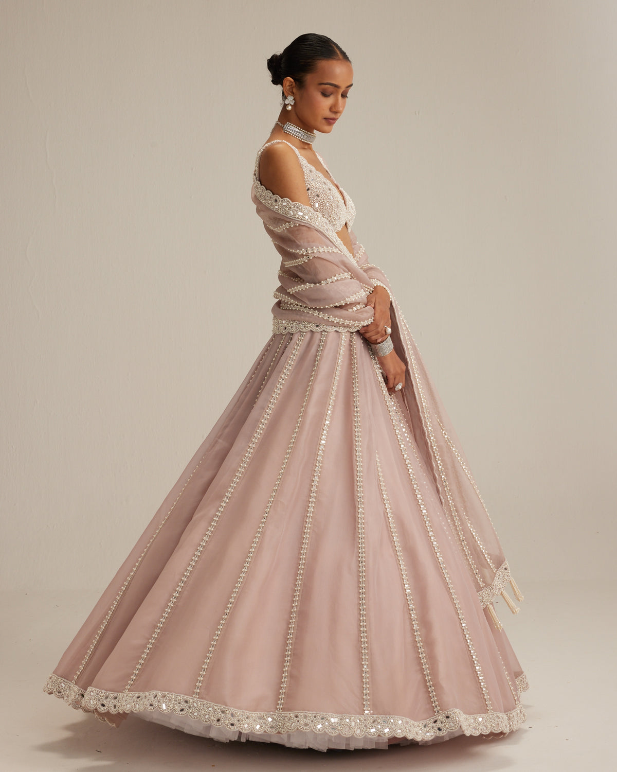 Ash Pink Pearl Mirror Linear Lehenga With V Neck Blouse