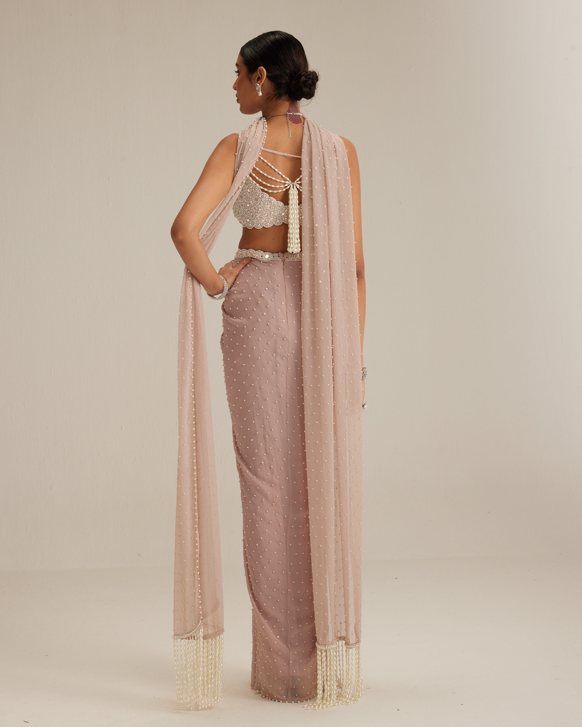 Ash Pink Pearl Scattered Draped Skirt Set