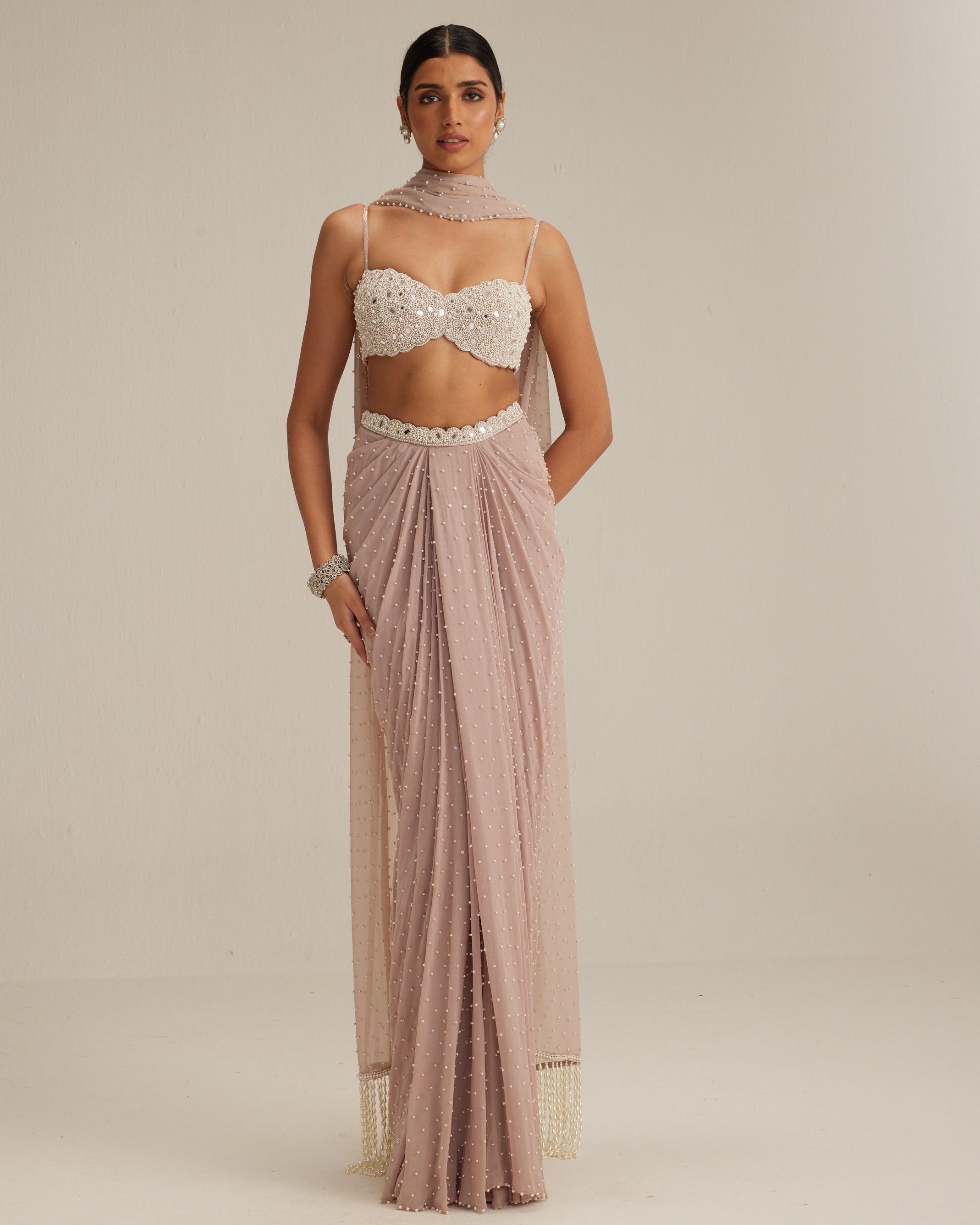 Ash Pink Pearl Scattered Draped Skirt Set