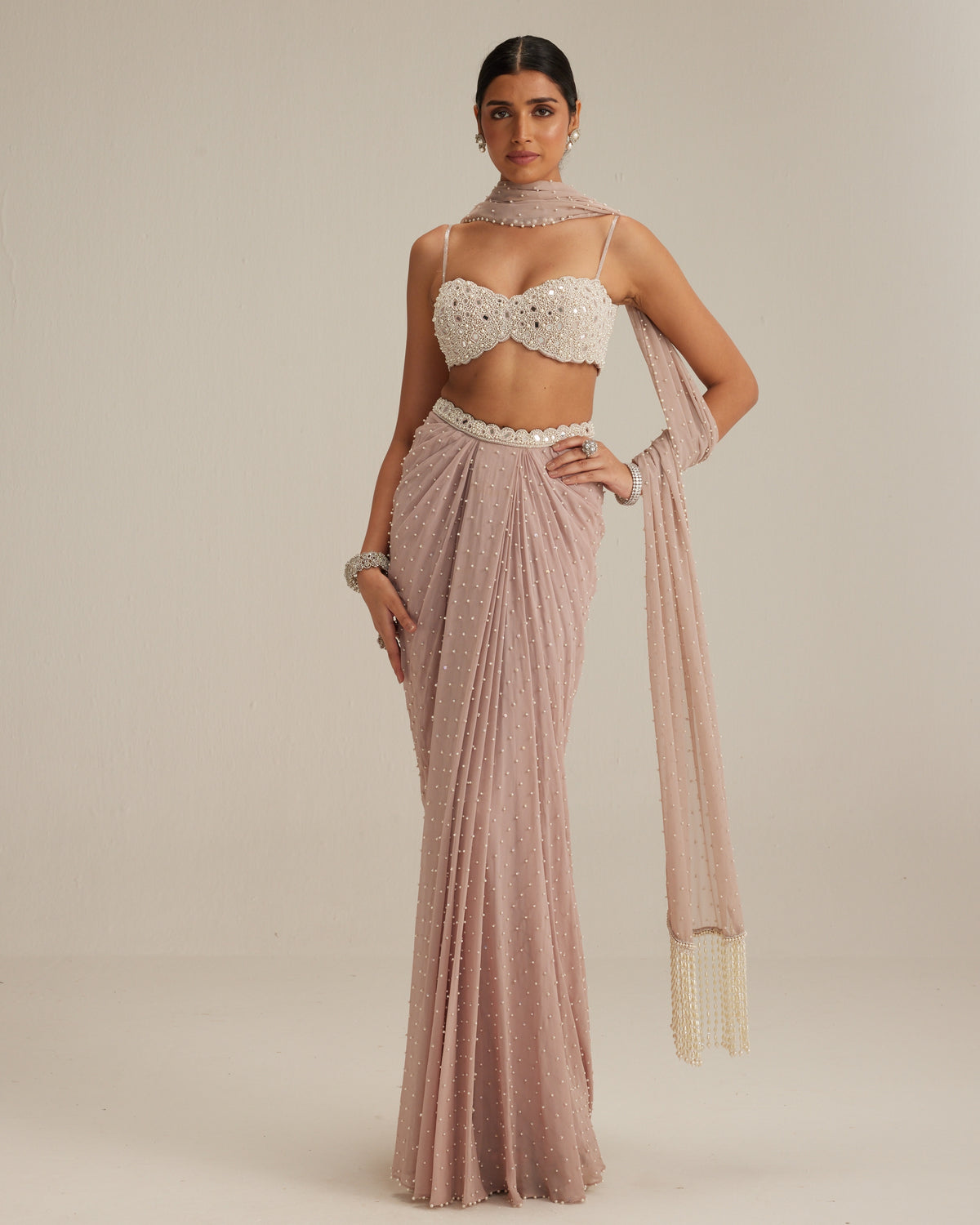 Ash Pink Pearl Scattered Draped Skirt Set