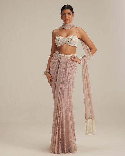 Ash Pink Pearl Scattered Draped Skirt Set