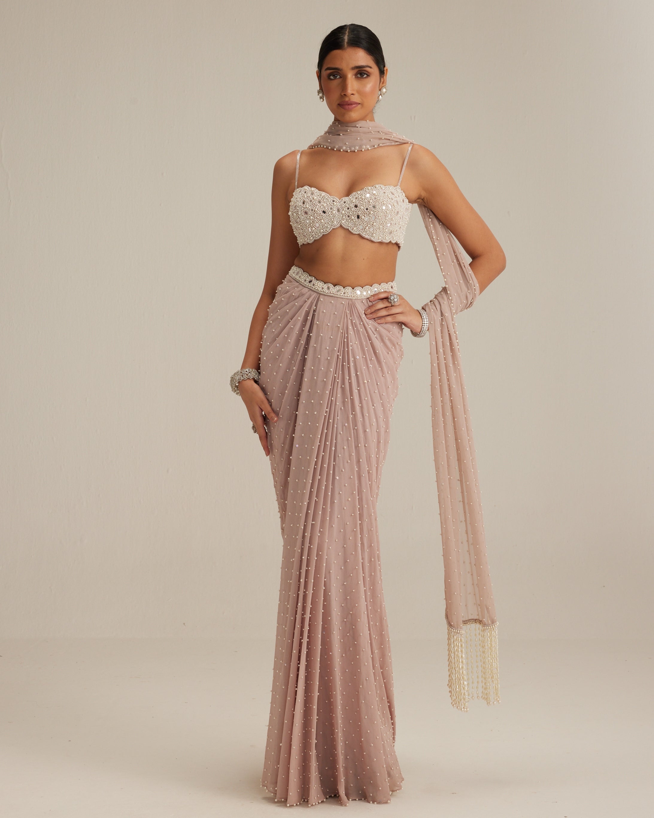 Ash Pink Pearl Scattered Draped Skirt Set