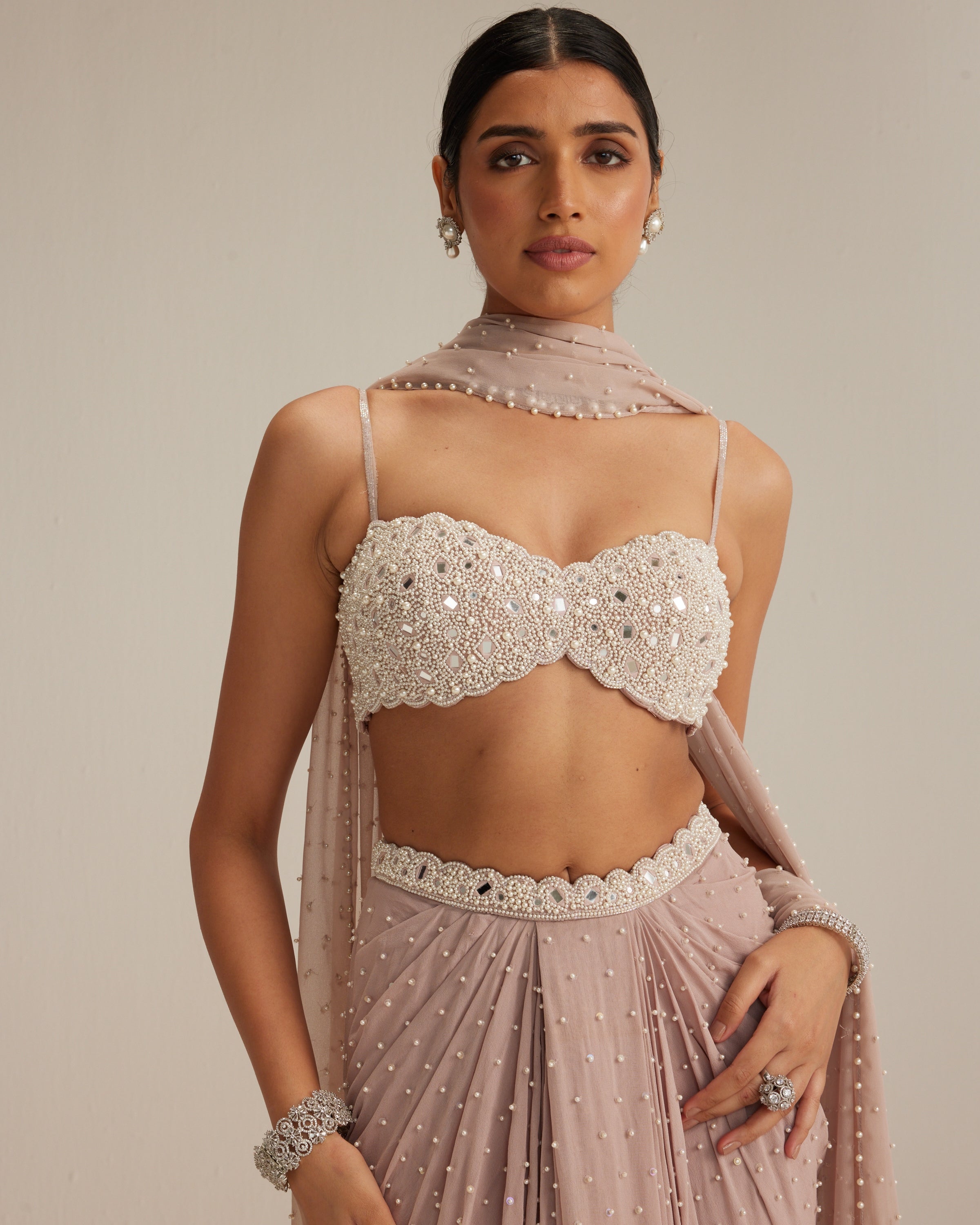 Ash Pink Pearl Scattered Draped Skirt Set