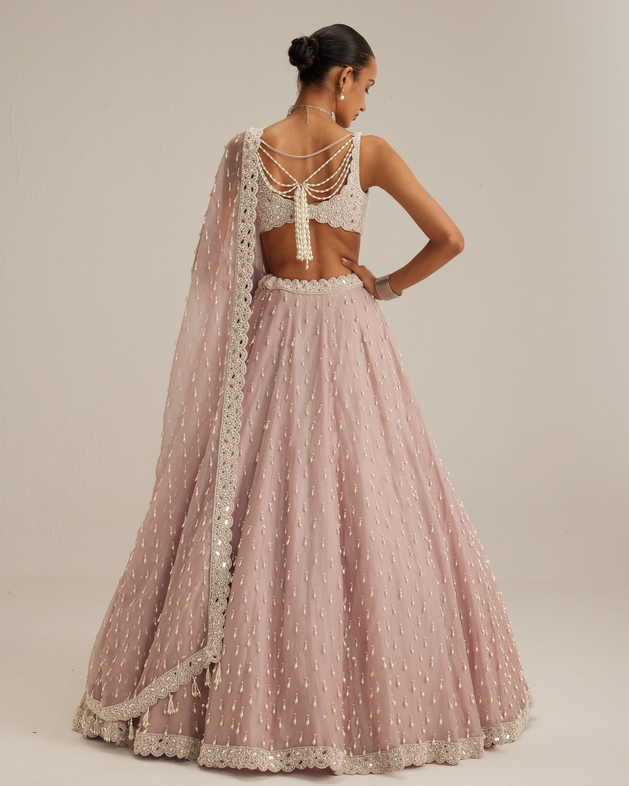 Ash Pink Pearl Drop Organza Lehenga Set