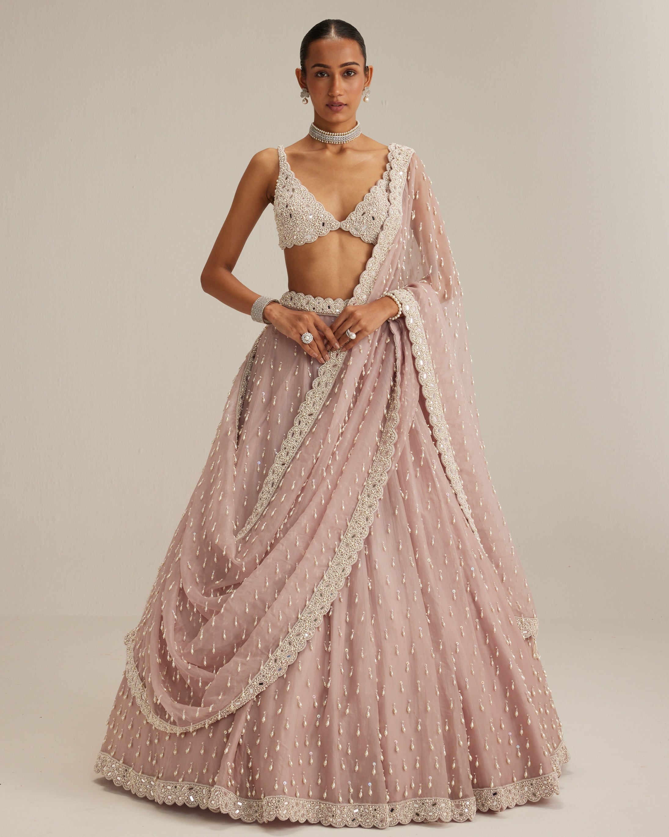 Ash Pink Pearl Drop Organza Lehenga Set