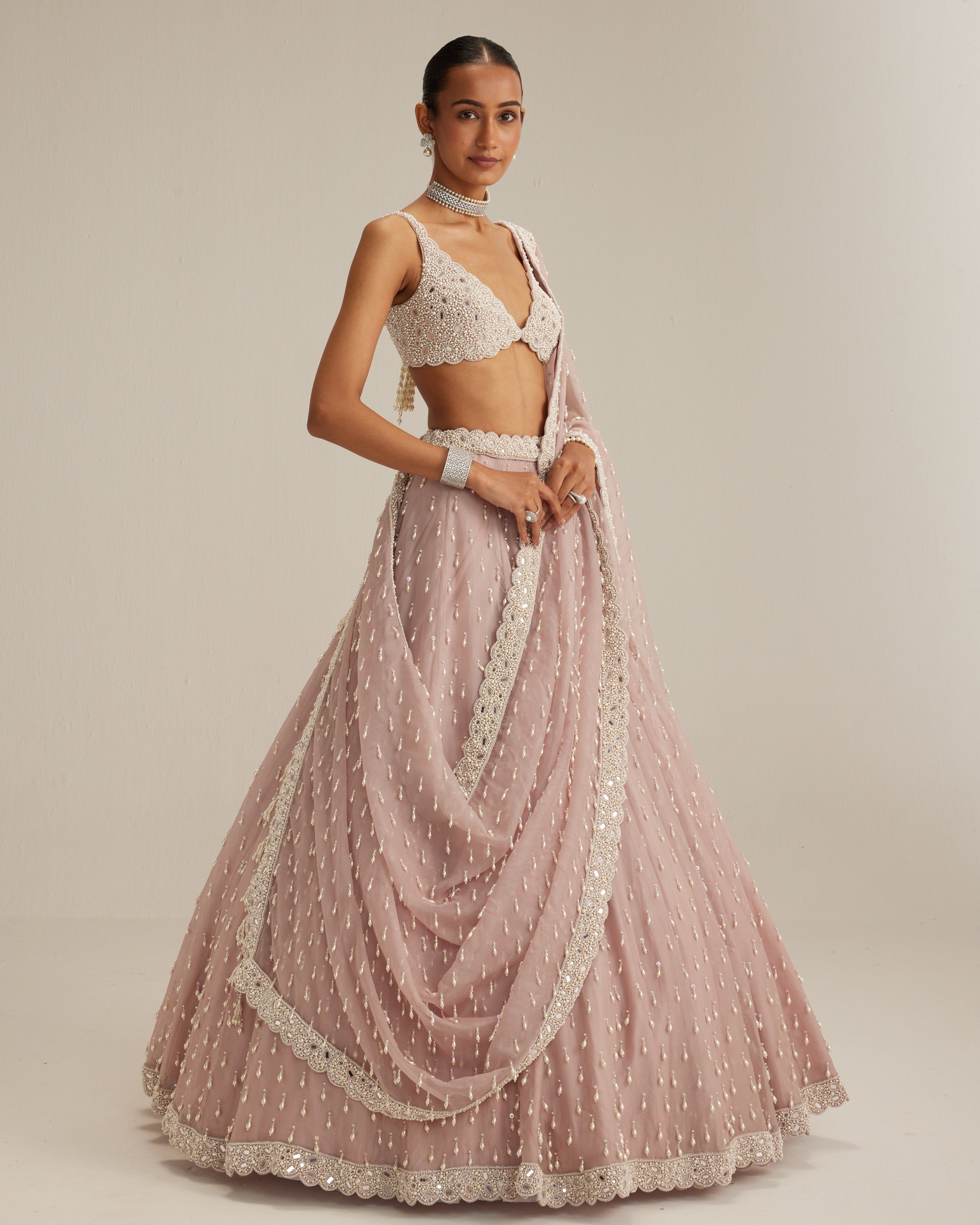 Ash Pink Pearl Drop Organza Lehenga Set