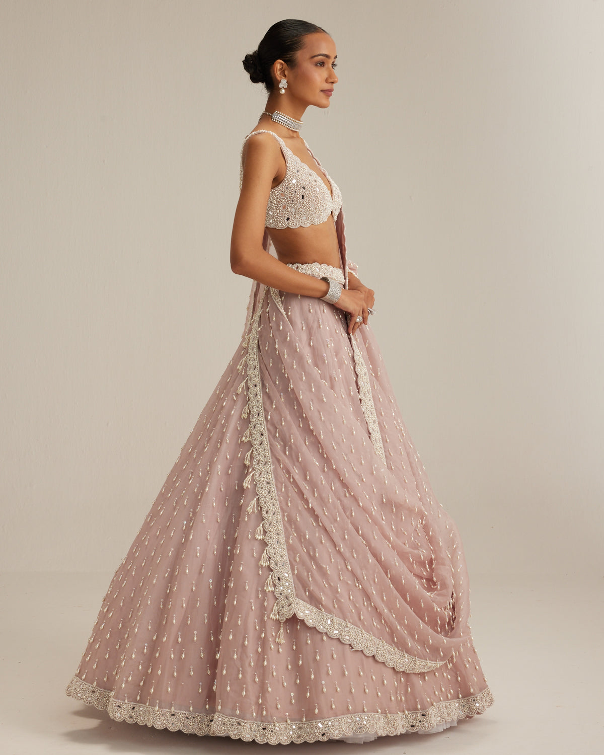 Ash Pink Pearl Drop Organza Lehenga Set