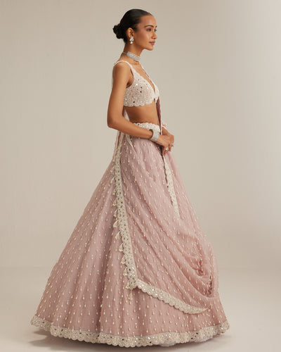 Ash Pink Pearl Drop Organza Lehenga Set