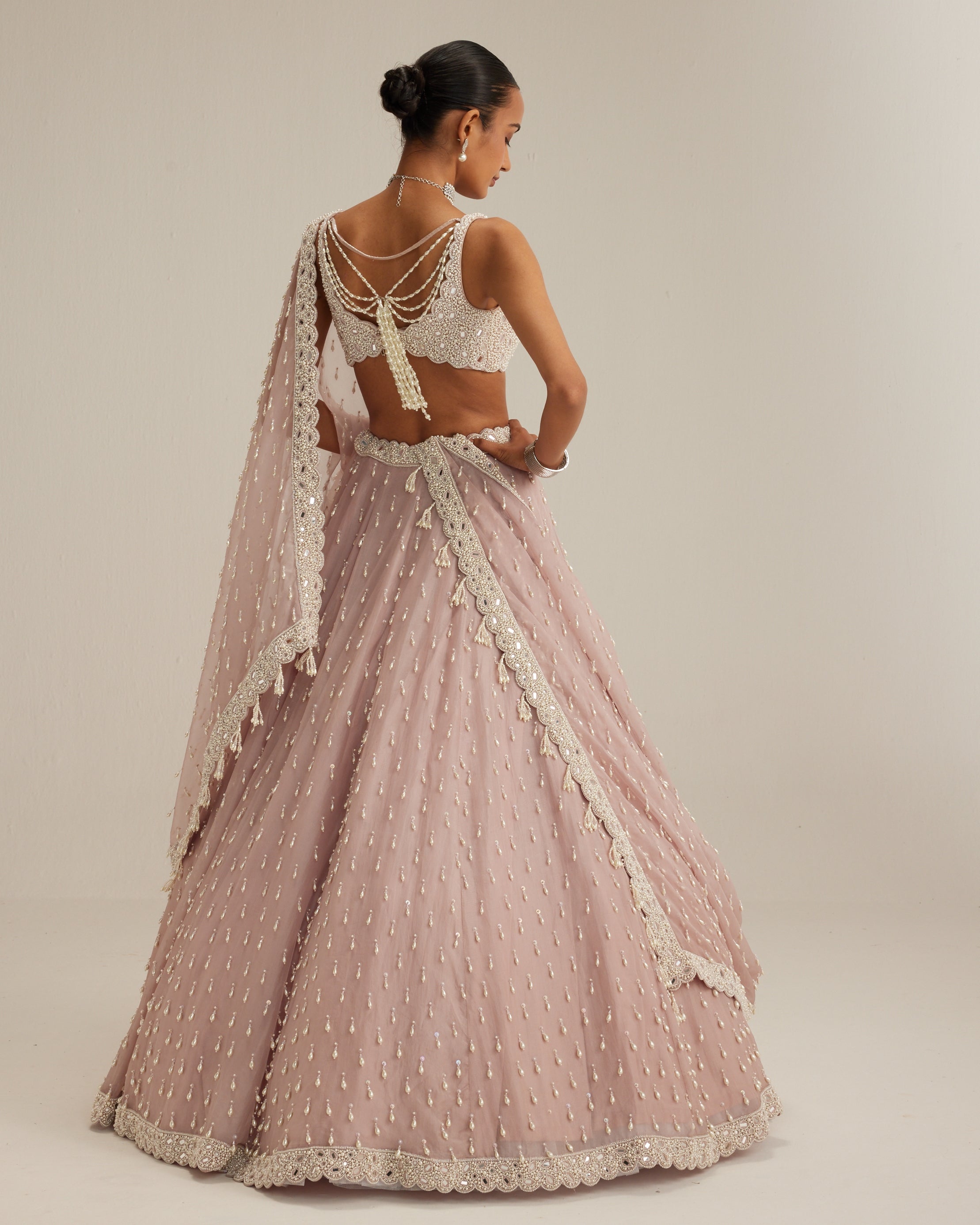 Ash Pink Pearl Drop Organza Lehenga Set