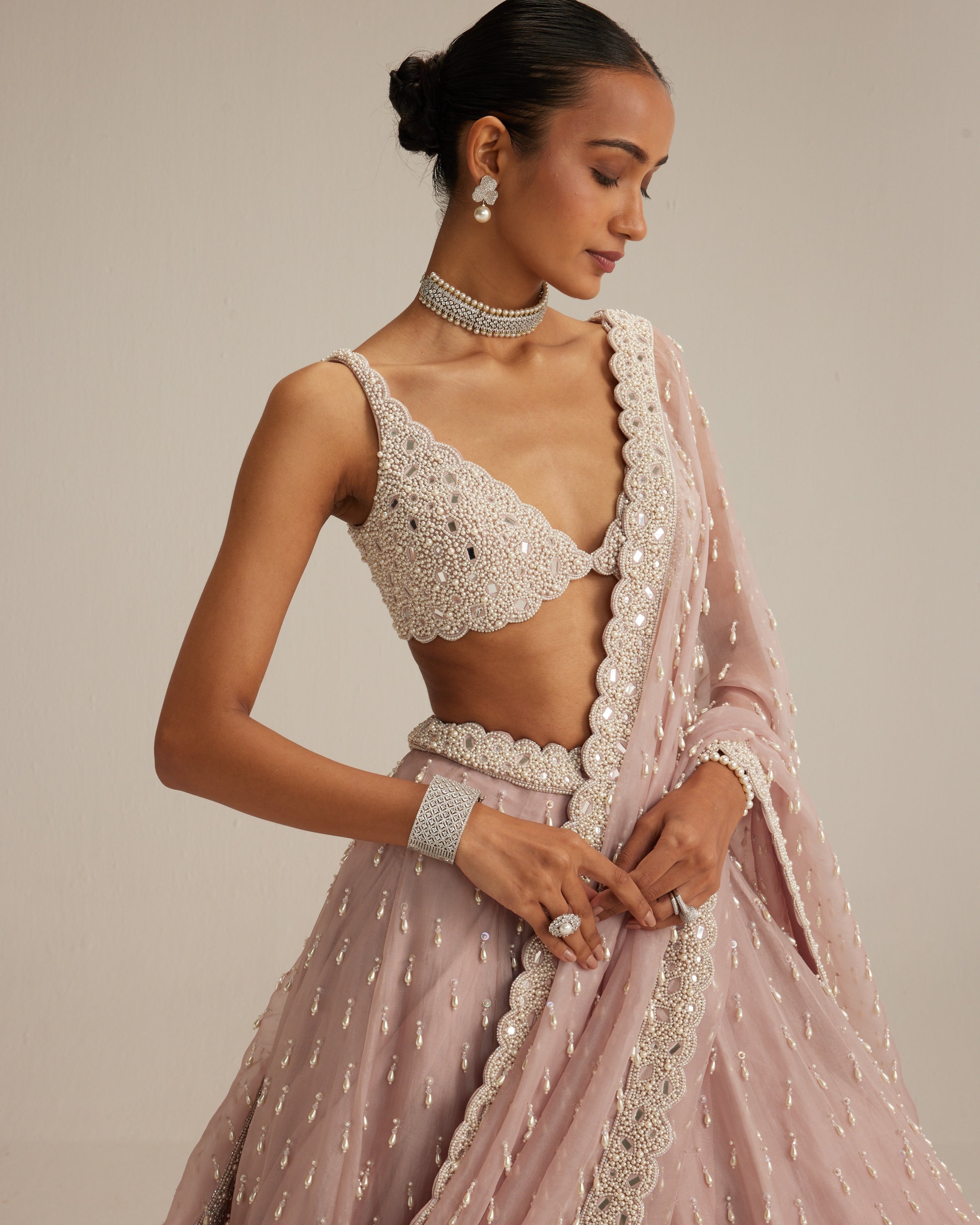 Ash Pink Pearl Drop Organza Lehenga Set