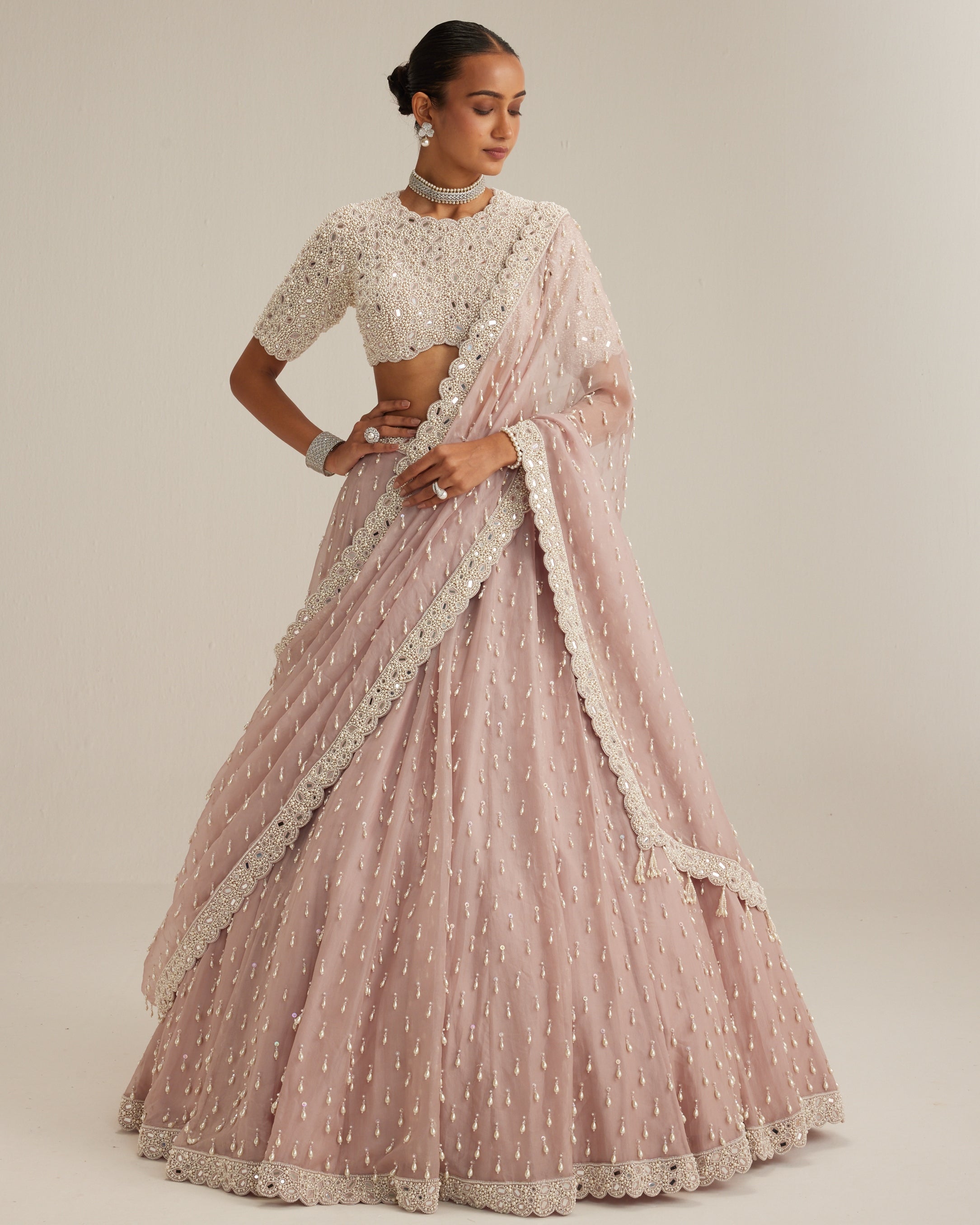 Ash Pink Pearl Drop Lehenga With High Neck Blouse