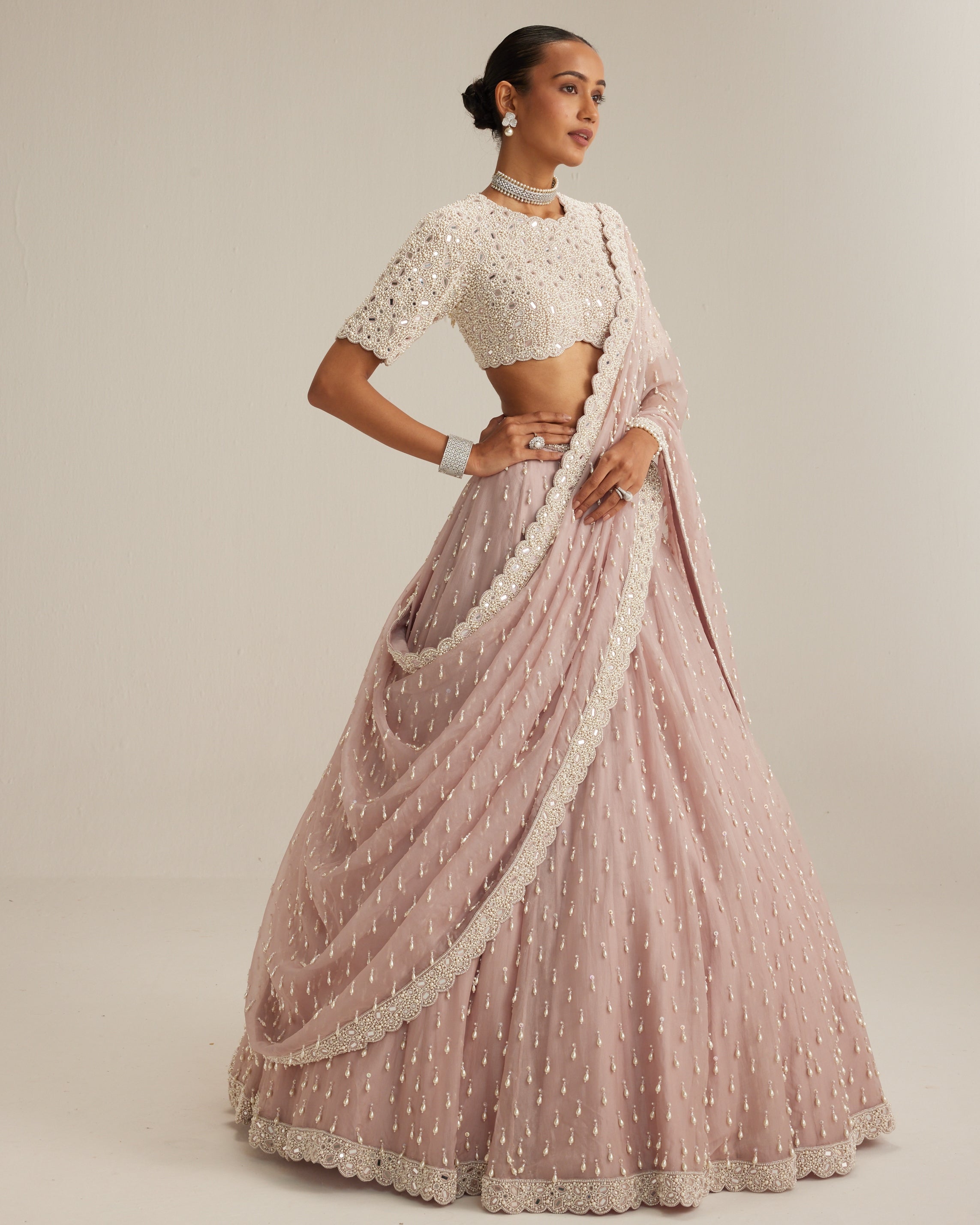 Ash Pink Pearl Drop Lehenga With High Neck Blouse