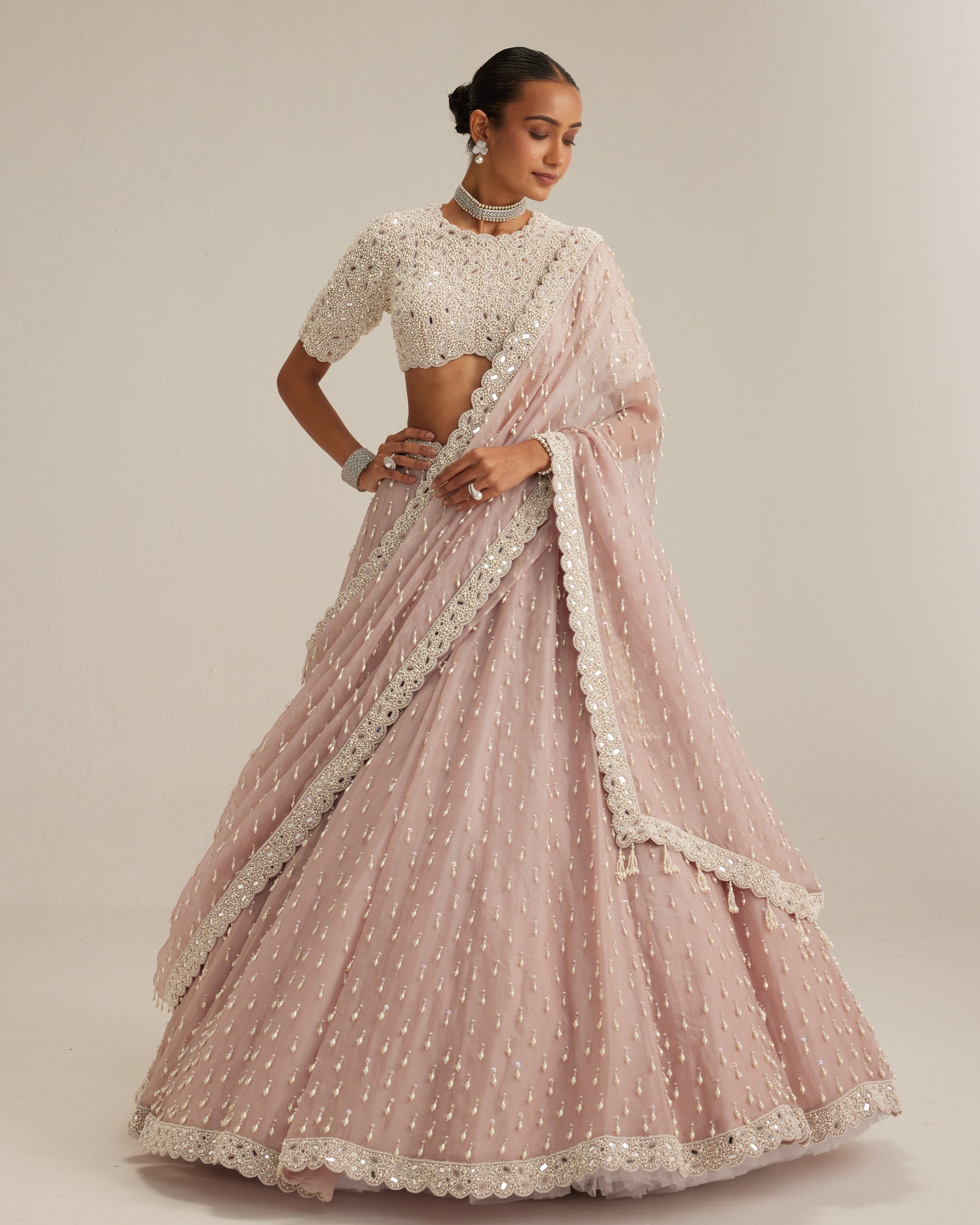 Ash Pink Pearl Drop Lehenga With High Neck Blouse