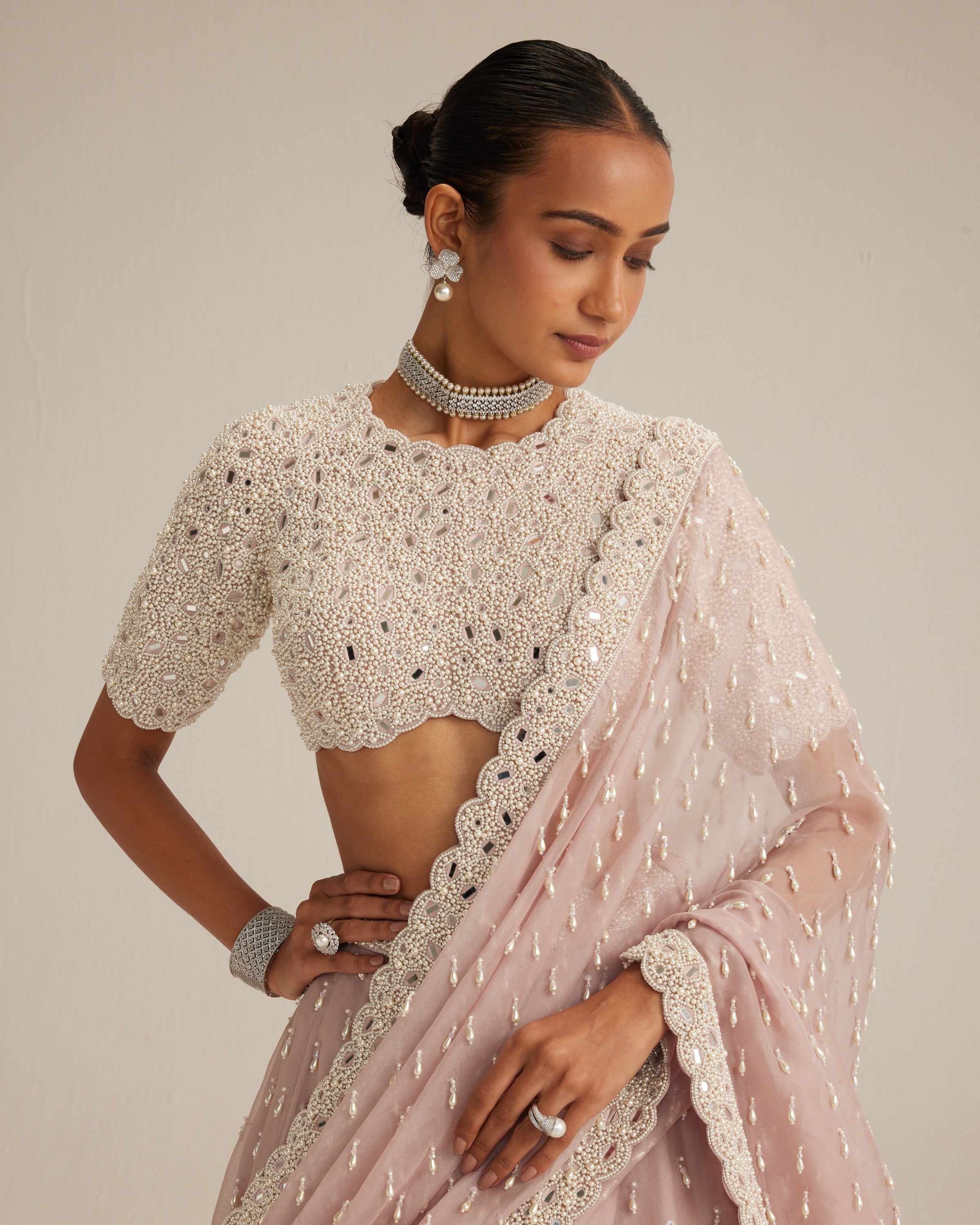 Ash Pink Pearl Drop Lehenga With High Neck Blouse