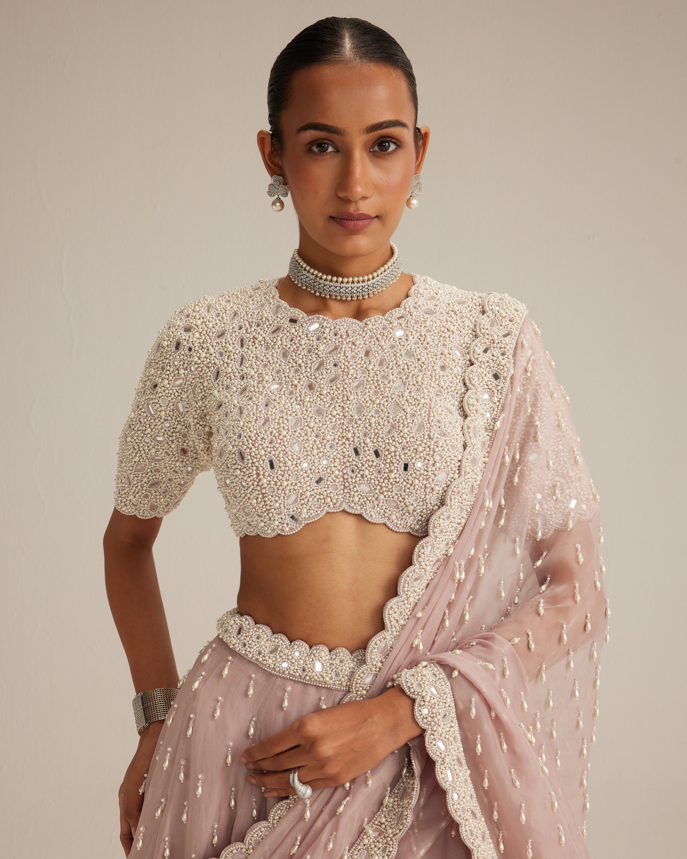 Ash Pink Pearl Drop Lehenga With High Neck Blouse