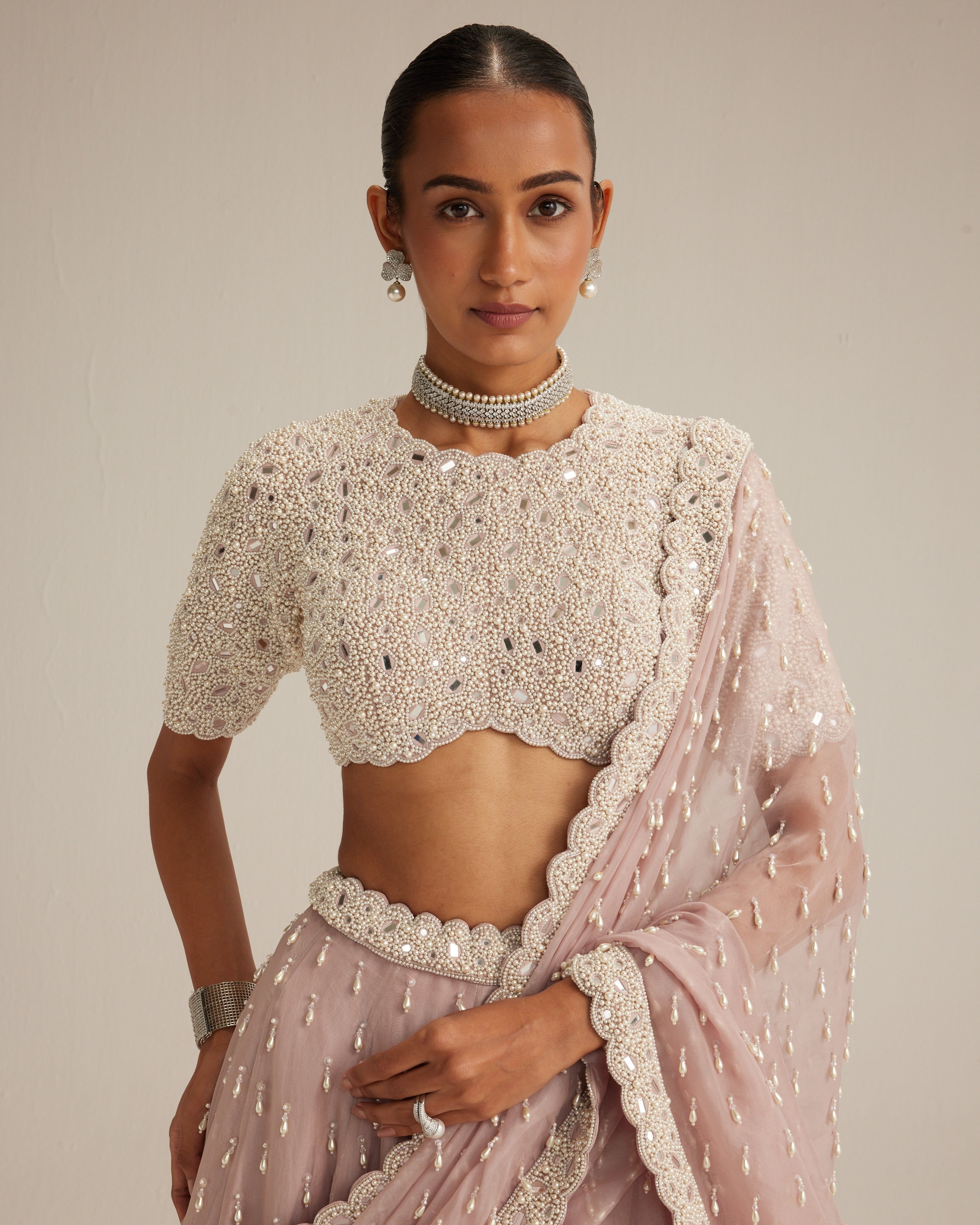 Ash Pink Pearl Drop Lehenga With High Neck Blouse