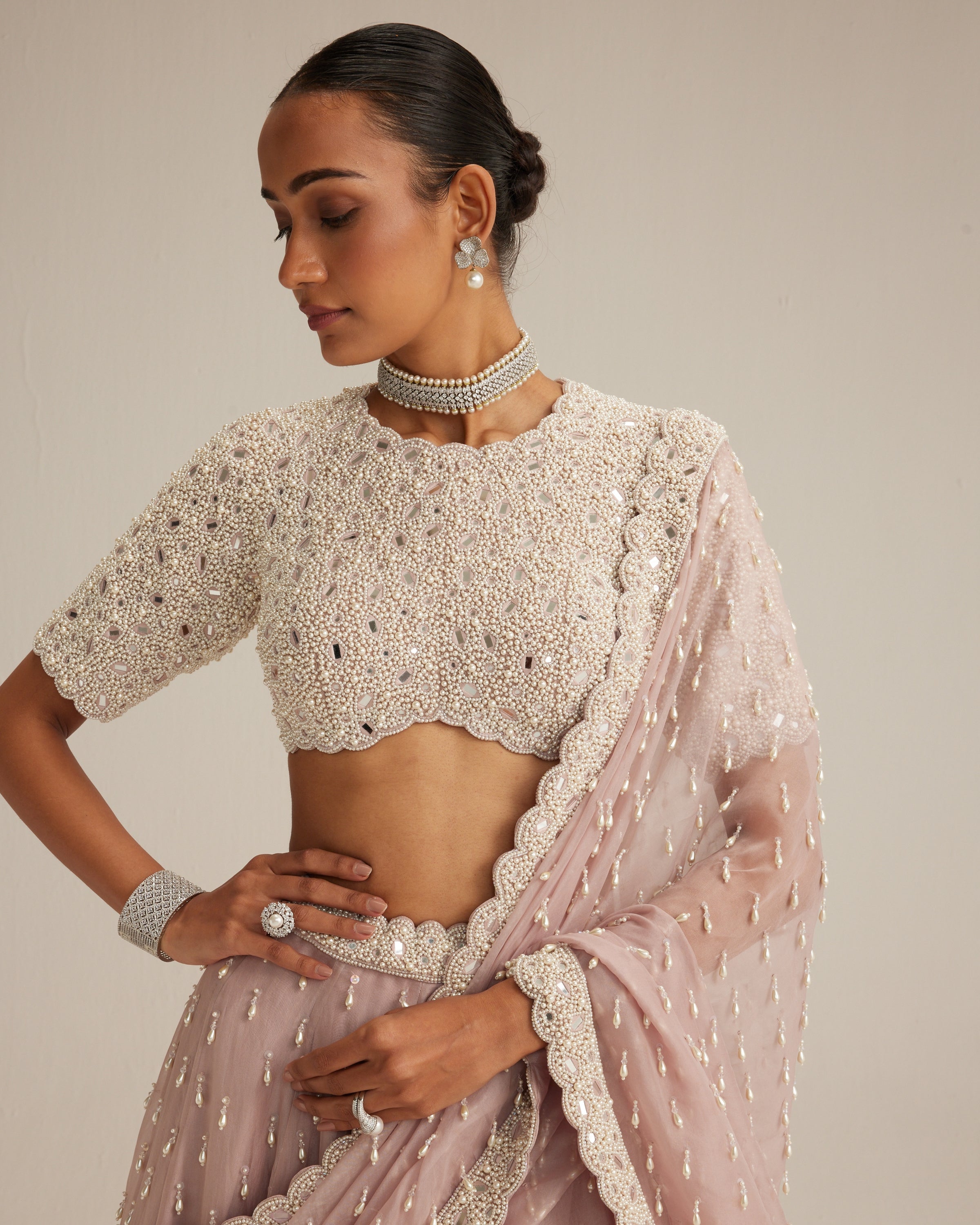 Ash Pink Pearl Drop Lehenga With High Neck Blouse