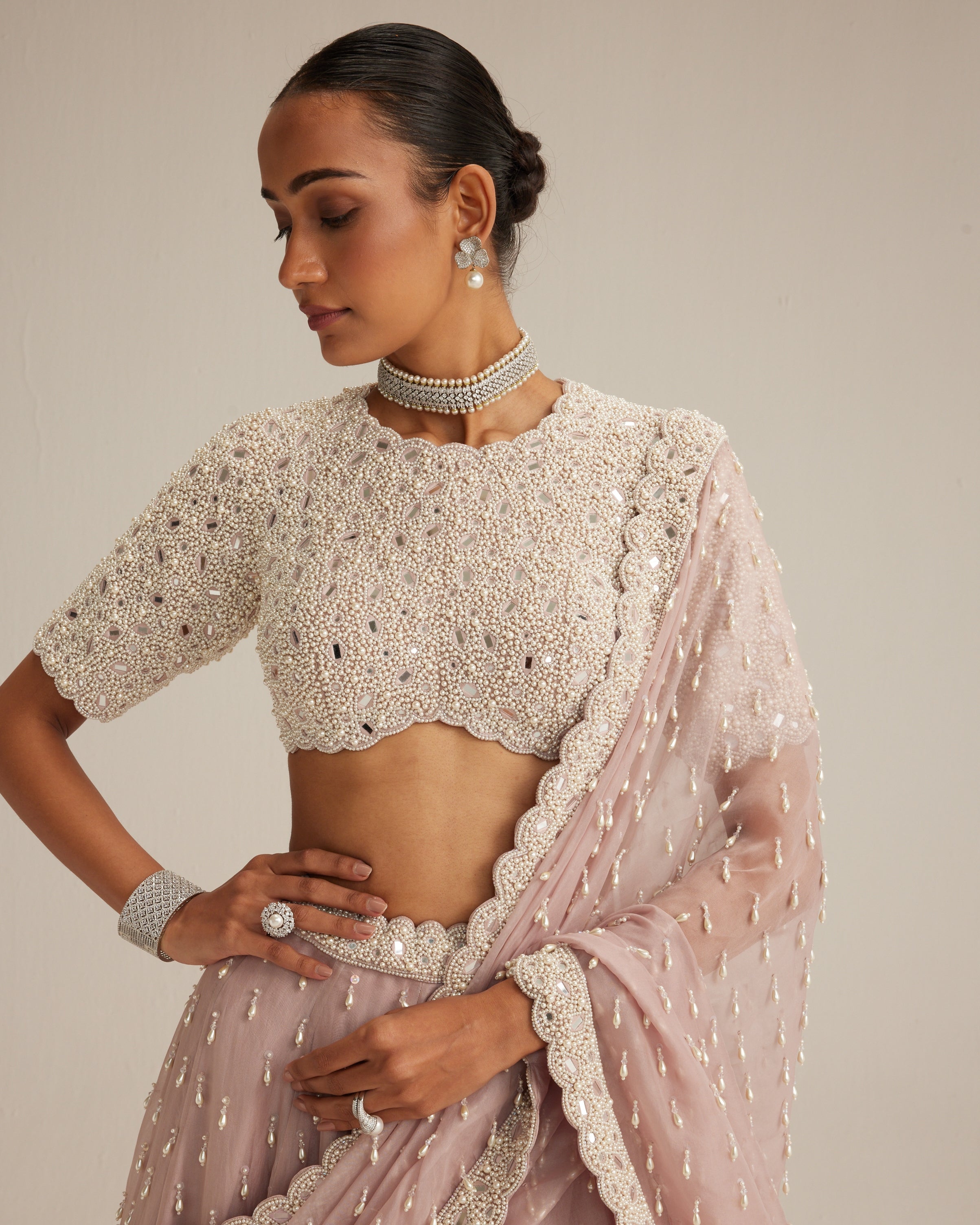 Ash Pink Pearl Drop Lehenga With High Neck Blouse