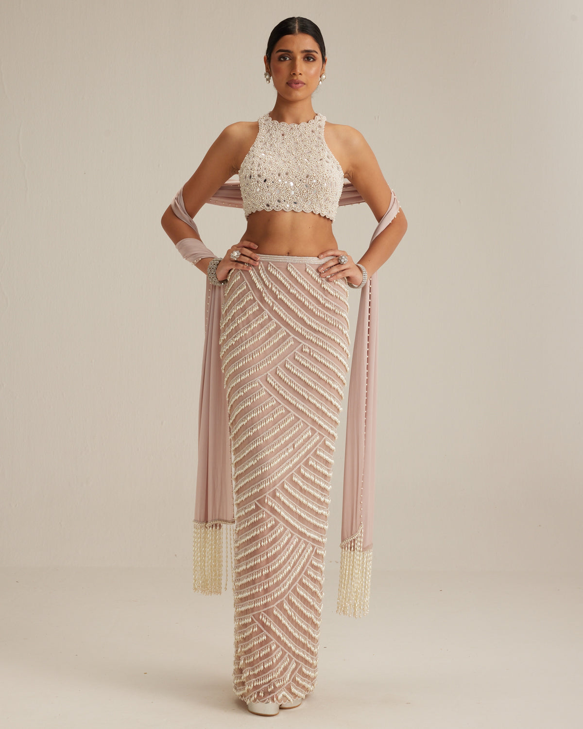 Ash Pink Pearl Drop Pencil Skirt Set