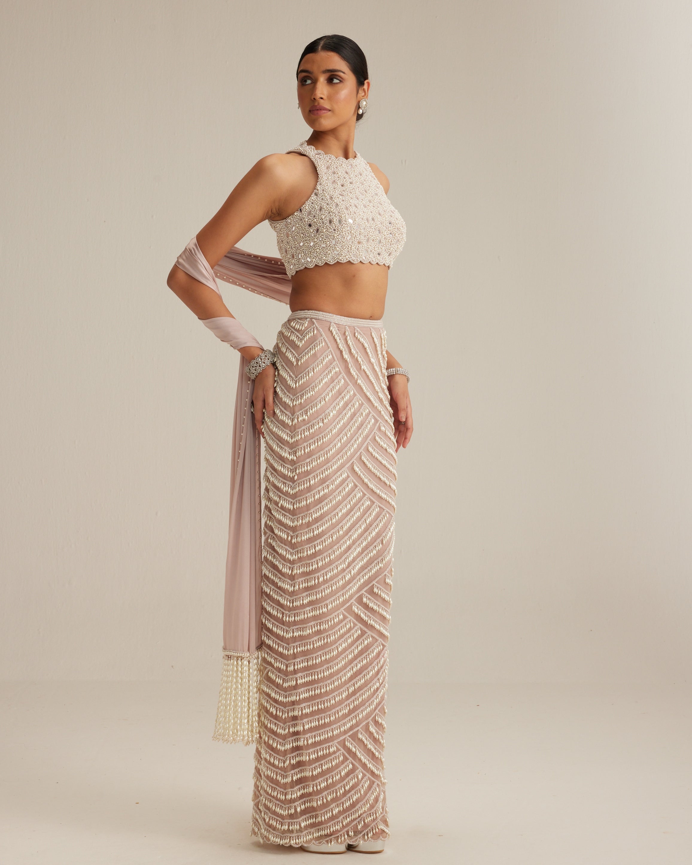 Ash Pink Pearl Drop Pencil Skirt Set